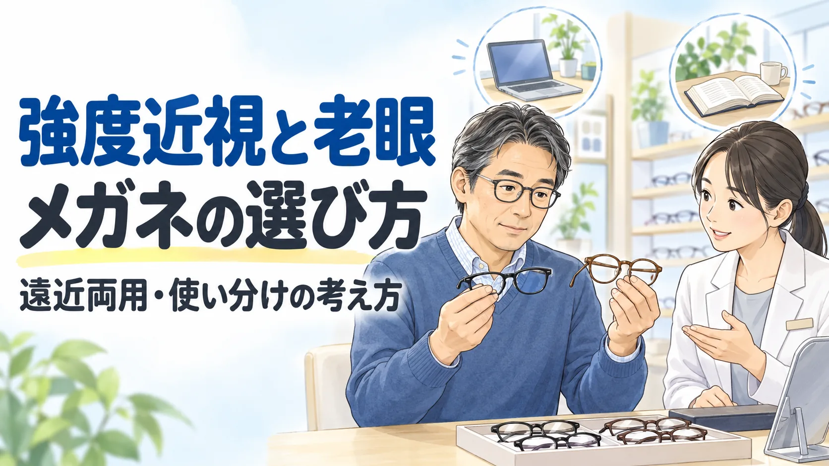 強度近視と老眼のメガネ選び。眼鏡を比較し相談する男性のイラスト