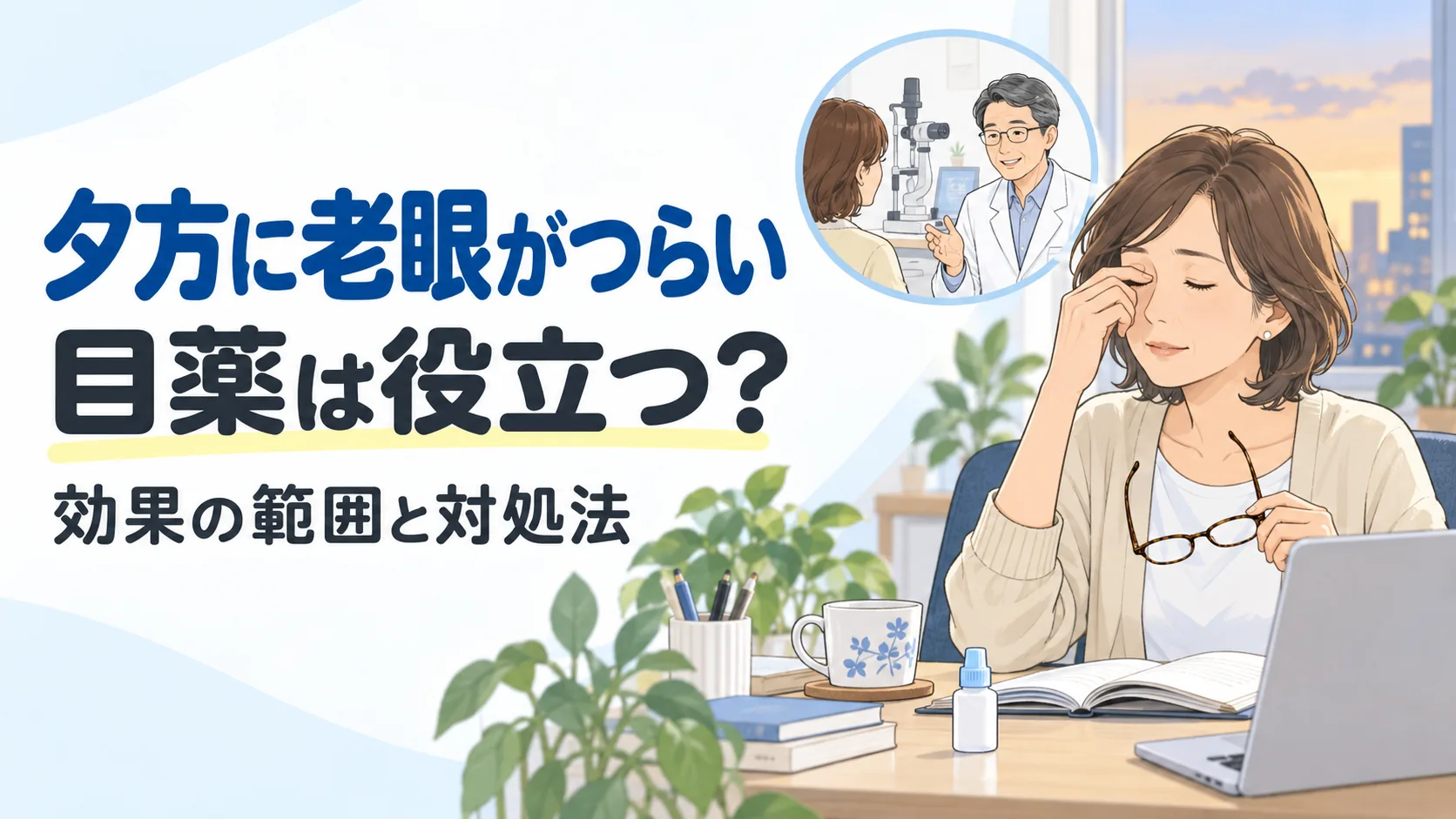 夕方に老眼がつらい。目薬は役立つ？。効果の範囲と対処法