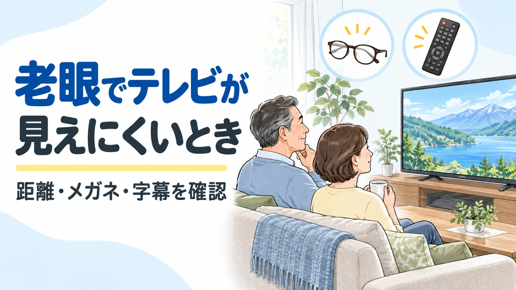 老眼でテレビが。見えにくいとき。距離・メガネ・字幕を確認