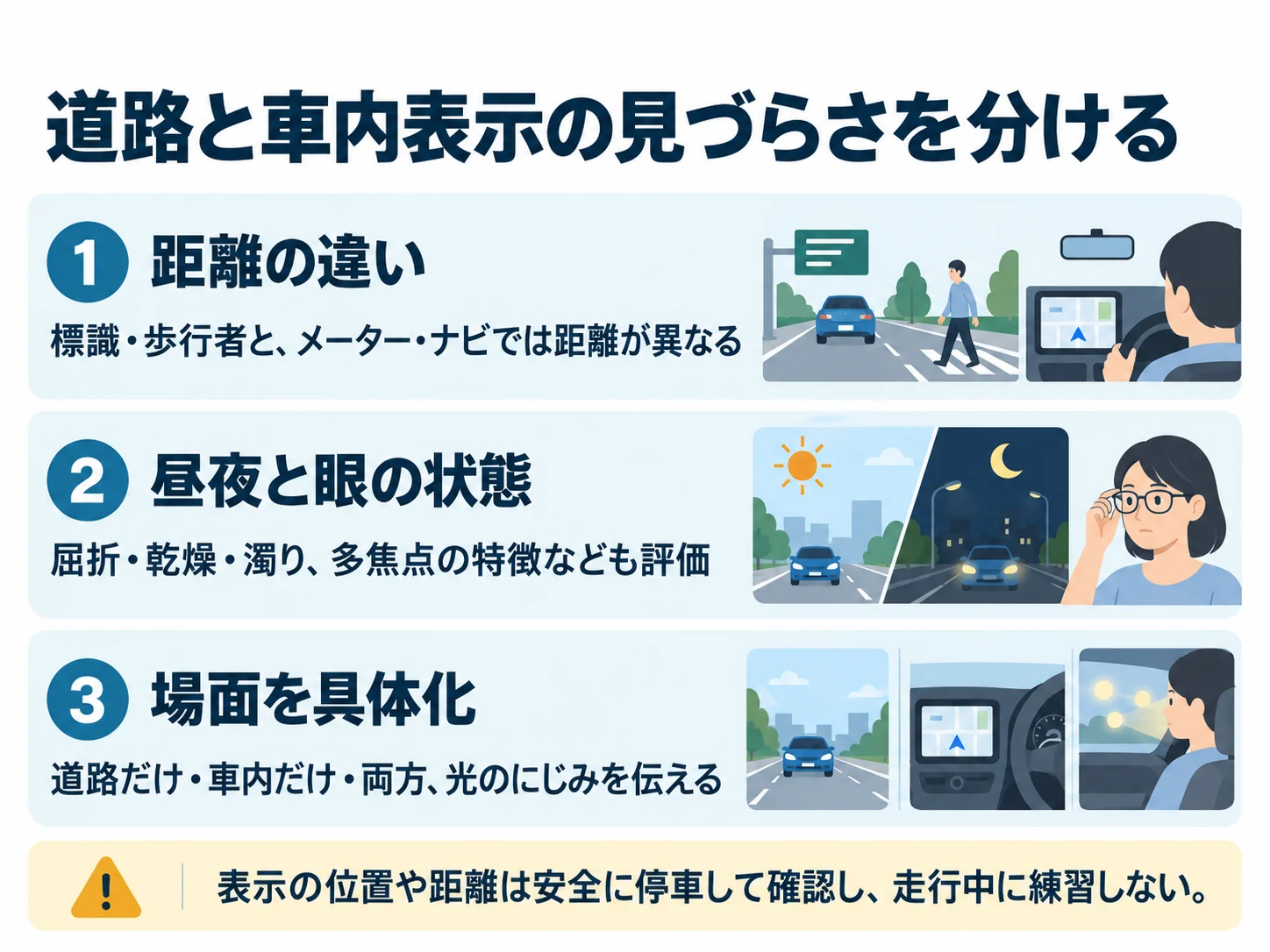 道路と車内表示の見づらさを分ける。距離の違い：標識・歩行者と、メーター・ナビでは距離が異なる、昼夜と眼の状態：屈折・乾燥・濁り、多焦点の特徴なども評価、場面を具体化：道路だけ・車内だけ・両方、光のにじみを伝える