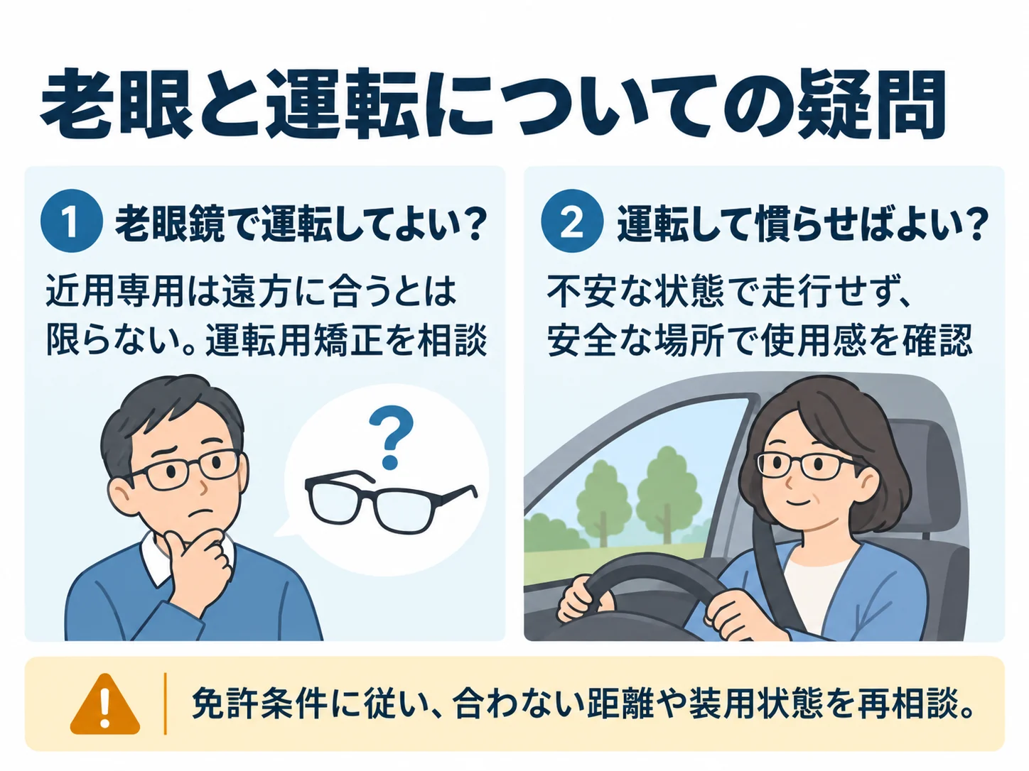 老眼と運転についての疑問。老眼鏡で運転してよい？：近用専用は遠方に合うとは限らない。運転用矯正を相談、運転して慣らせばよい？：不安な状態で走行せず、安全な場所で使用感を確認