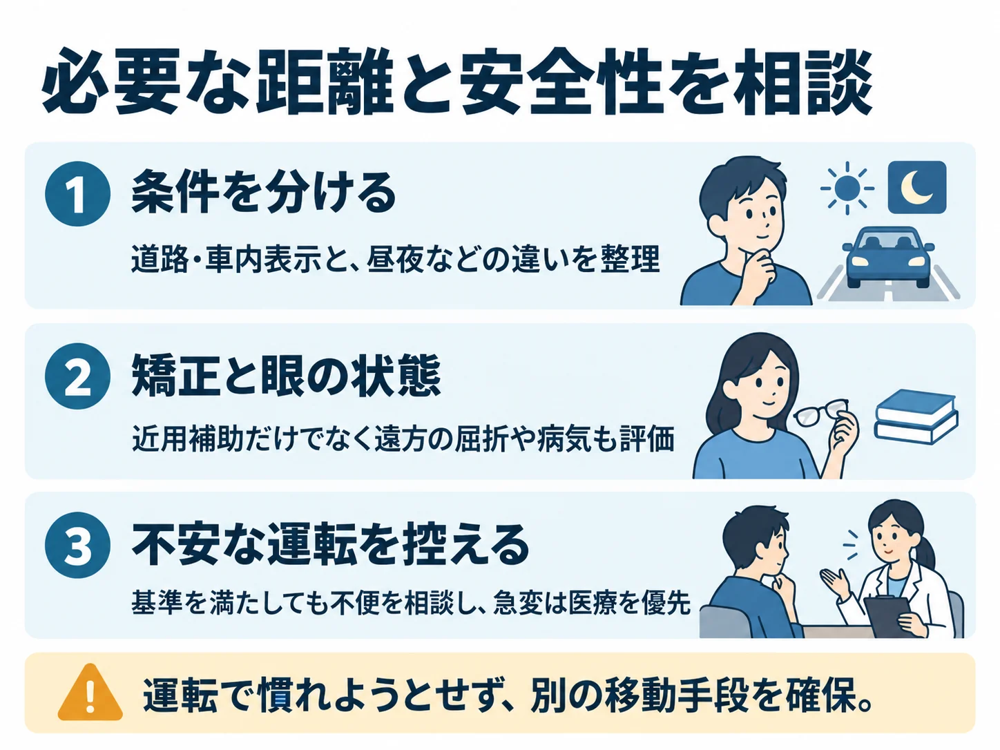 必要な距離と安全性を相談。条件を分ける：道路・車内表示と、昼夜などの違いを整理、矯正と眼の状態：近用補助だけでなく遠方の屈折や病気も評価、不安な運転を控える：基準を満たしても不便を相談し、急変は医療を優先