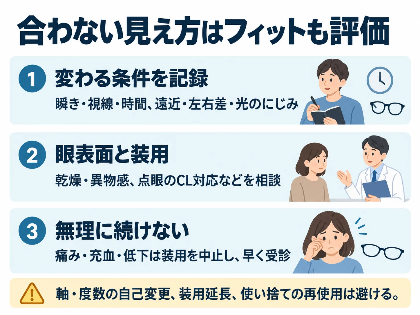 合わない見え方はフィットも評価。変わる条件を記録：瞬き・視線・時間、遠近・左右差・光のにじみ、眼表面と装用：乾燥・異物感、点眼のCL対応などを相談、無理に続けない：痛み・充血・低下は装用を中止し、早く受診