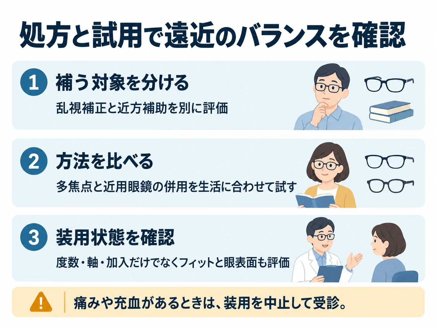 処方と試用で遠近のバランスを確認。補う対象を分ける：乱視補正と近方補助を別に評価、方法を比べる：多焦点と近用眼鏡の併用を生活に合わせて試す、装用状態を確認：度数・軸・加入だけでなくフィットと眼表面も評価