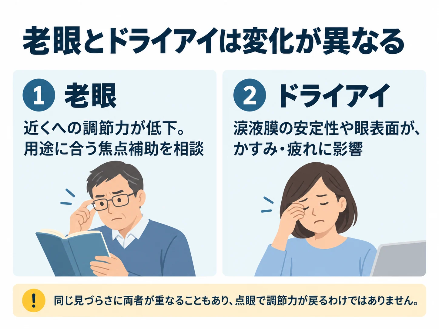 老眼とドライアイは変化が異なる。老眼：近くへの調節力が低下。用途に合う焦点補助を相談、ドライアイ：涙液膜の安定性や眼表面が、かすみ・疲れに影響