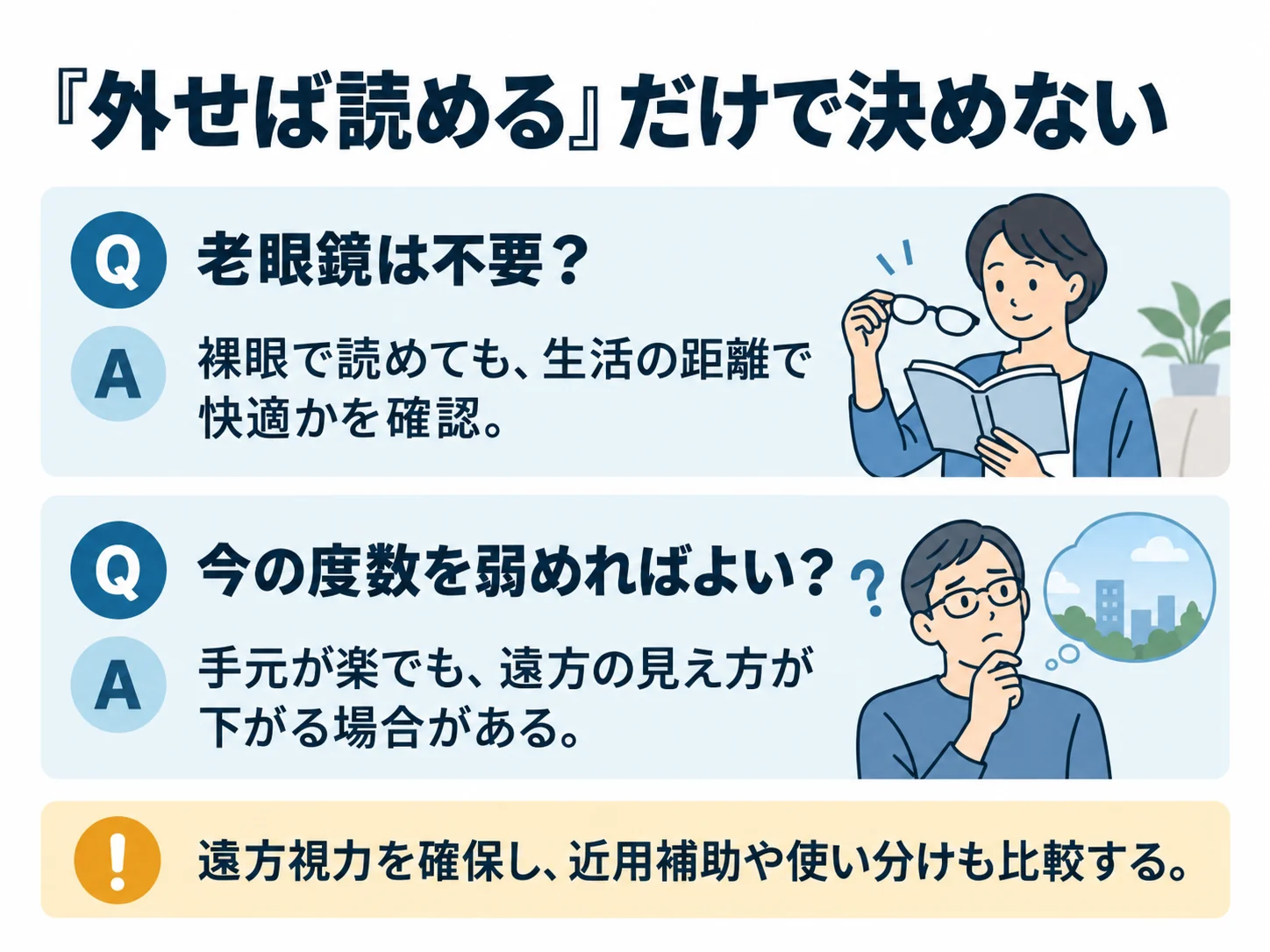 『外せば読める』だけで決めない。老眼鏡は不要？：裸眼で読めても、生活の距離で快適かを確認、今の度数を弱めればよい？：手元が楽でも、遠方の見え方が下がる場合がある