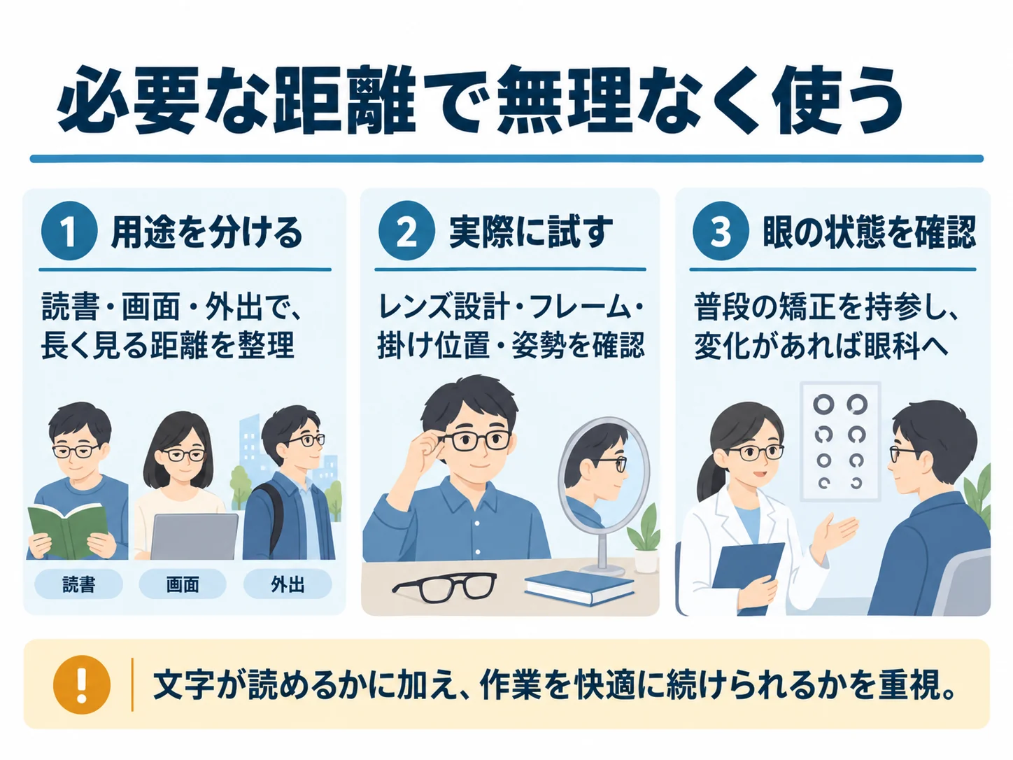 必要な距離で無理なく使う。用途を分ける：読書・画面・外出で、長く見る距離を整理、実際に試す：レンズ設計・フレーム・掛け位置・姿勢を確認、眼の状態を確認：普段の矯正を持参し、変化があれば眼科へ