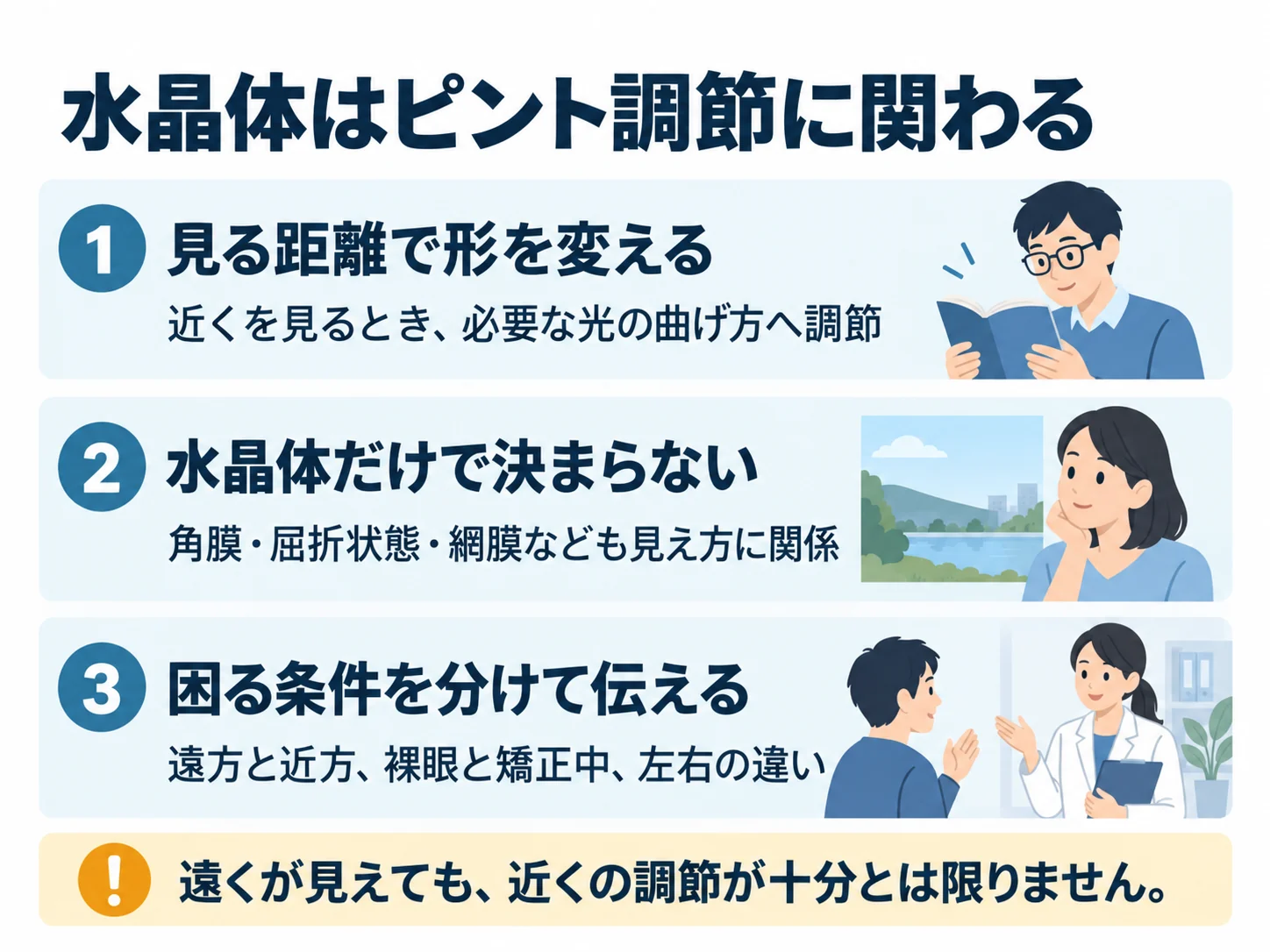 水晶体はピント調節に関わる。見る距離で形を変える：近くを見るとき、必要な光の曲げ方へ調節、水晶体だけで決まらない：角膜・屈折状態・網膜なども見え方に関係、困る条件を分けて伝える：遠方と近方、裸眼と矯正中、左右の違い