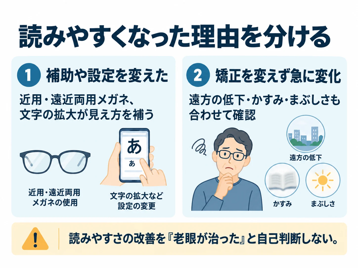 読みやすくなった理由を分ける。補助や設定を変えた:近用・遠近両用メガネ、文字の拡大が見え方を補う、矯正を変えず急に変化:遠方の低下・かすみ・まぶしさも合わせて確認
