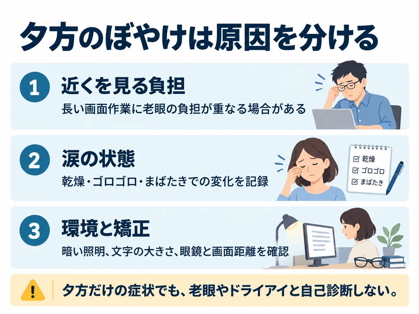 夕方のぼやけは原因を分ける。近くを見る負担：長い画面作業に老眼の負担が重なる場合がある、涙の状態：乾燥・ゴロゴロ・まばたきでの変化を記録、環境と矯正：暗い照明、文字の大きさ、眼鏡と画面距離を確認