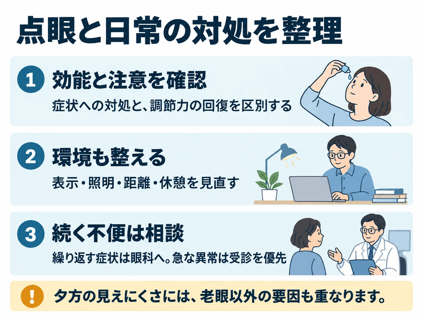 点眼と日常の対処を整理。効能と注意を確認：症状への対処と、調節力の回復を区別する、環境も整える：表示・照明・距離・休憩を見直す、続く不便は相談：繰り返す症状は眼科へ。急な異常は受診を優先