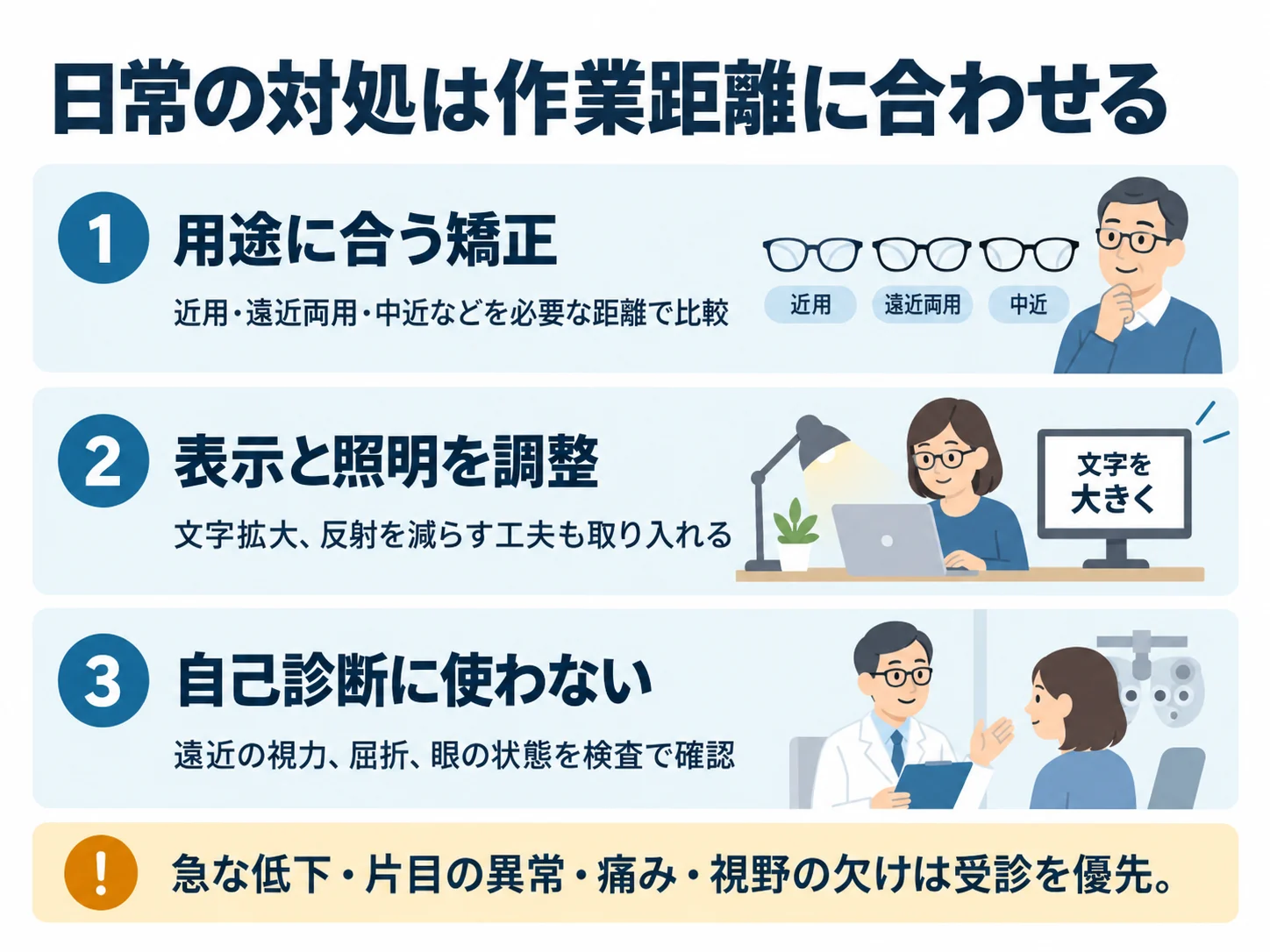 日常の対処は作業距離に合わせる。用途に合う矯正：近用・遠近両用・中近などを必要な距離で比較、表示と照明を調整：文字拡大、反射を減らす工夫も取り入れる、自己診断に使わない：遠近の視力、屈折、眼の状態を検査で確認
