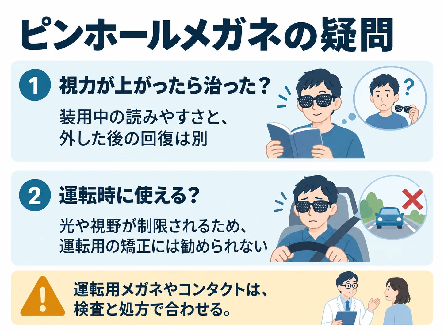 ピンホールメガネの疑問。視力が上がったら治った？：装用中の読みやすさと、外した後の回復は別、運転時に使える？：光や視野が制限されるため、運転用の矯正には勧められない