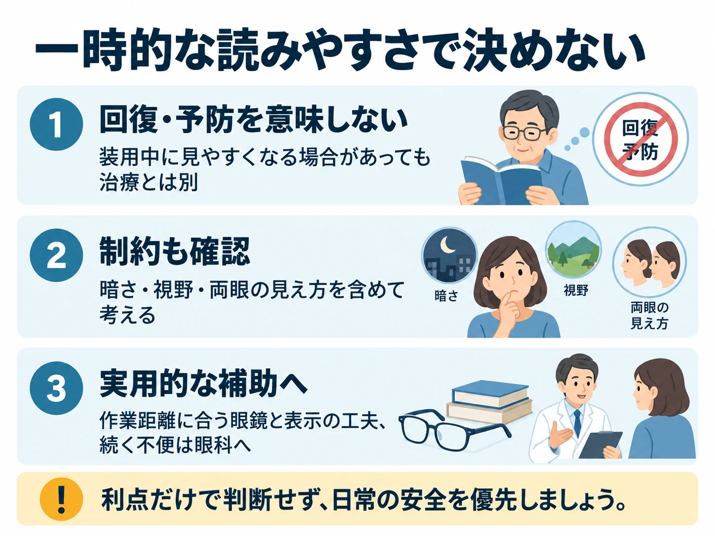 一時的な読みやすさで決めない。回復・予防を意味しない：装用中に見やすくなる場合があっても治療とは別、制約も確認：暗さ・視野・両眼の見え方を含めて考える、実用的な補助へ：作業距離に合う眼鏡と表示の工夫、続く不便は眼科へ