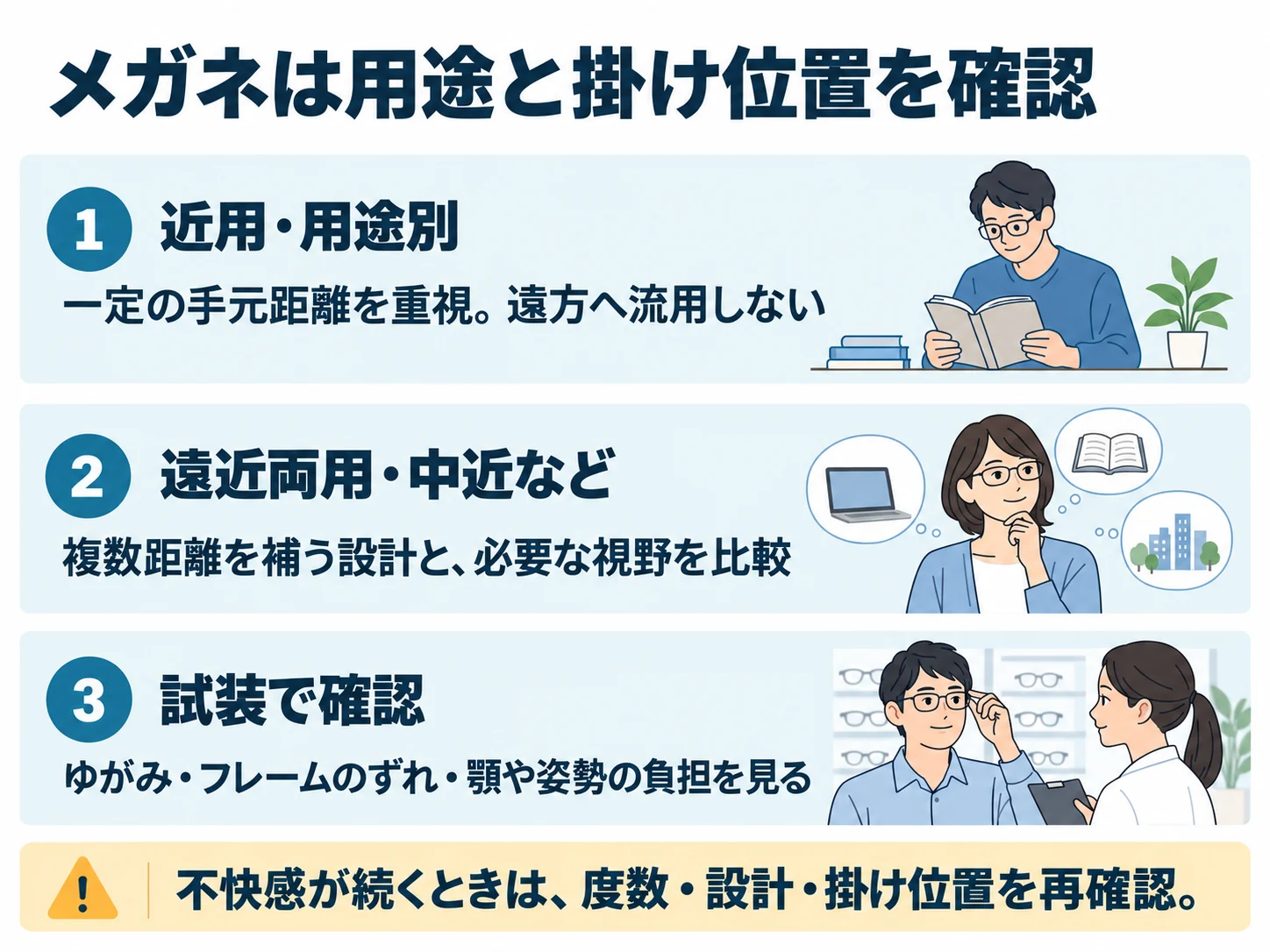 メガネは用途と掛け位置を確認。近用・用途別:一定の手元距離を重視。遠方へ流用しない、遠近両用・中近など:複数距離を補う設計と、必要な視野を比較、試装で確認:ゆがみ・フレームのずれ・顎や姿勢の負担を見る