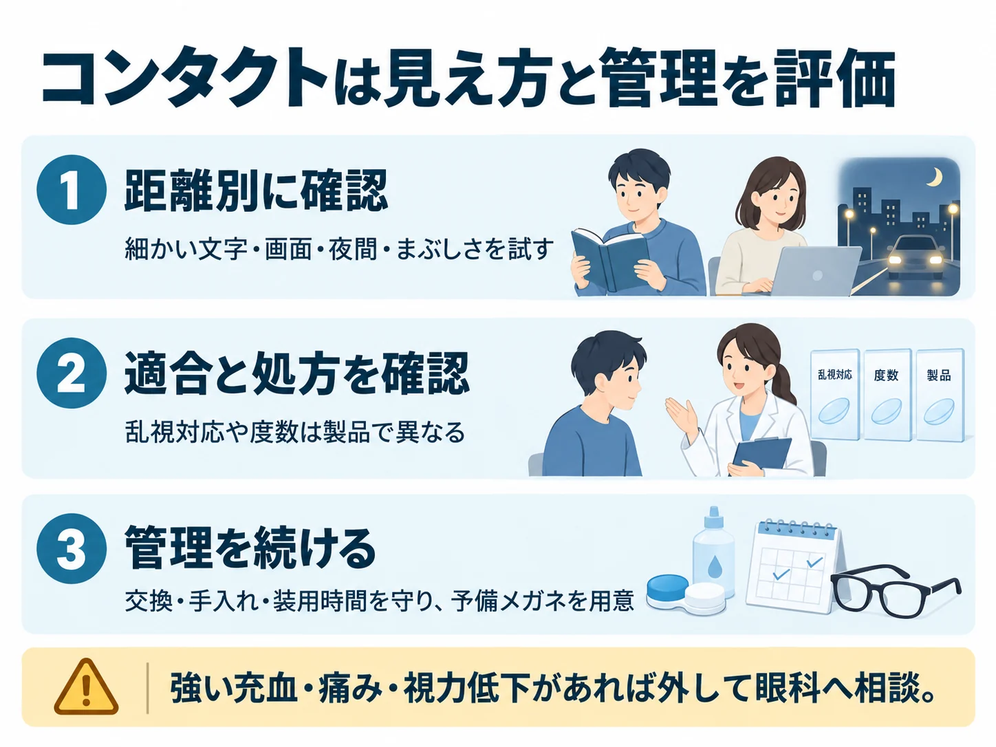コンタクトは見え方と管理を評価。距離別に確認:細かい文字・画面・夜間・まぶしさを試す、適合と処方を確認:乱視対応や度数は製品で異なる、管理を続ける:交換・手入れ・装用時間を守り、予備メガネを用意