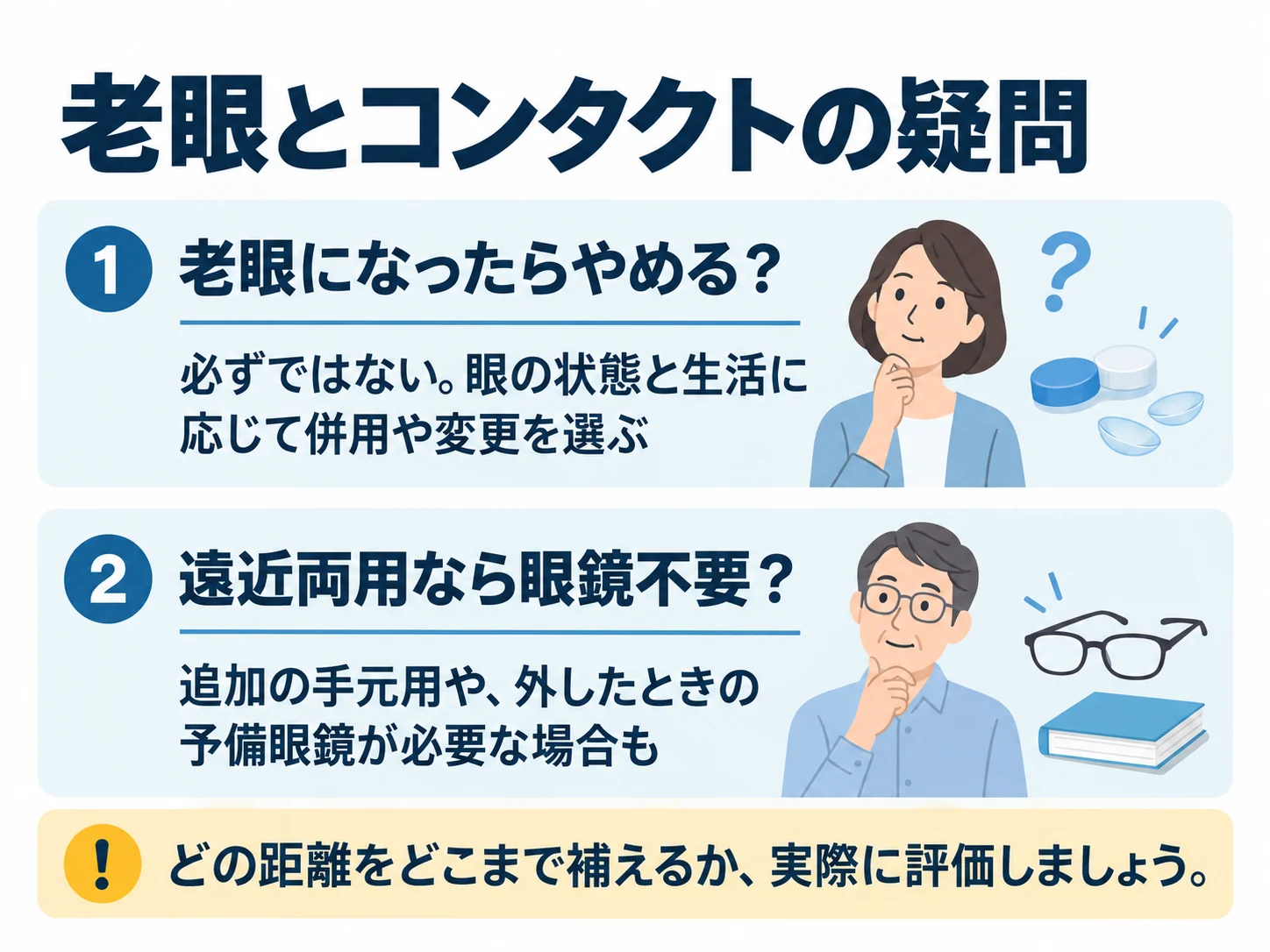 老眼とコンタクトの疑問。老眼になったらやめる?:必ずではない。眼の状態と生活に応じて併用や変更を選ぶ、遠近両用なら眼鏡不要?:追加の手元用や、外したときの予備眼鏡が必要な場合も