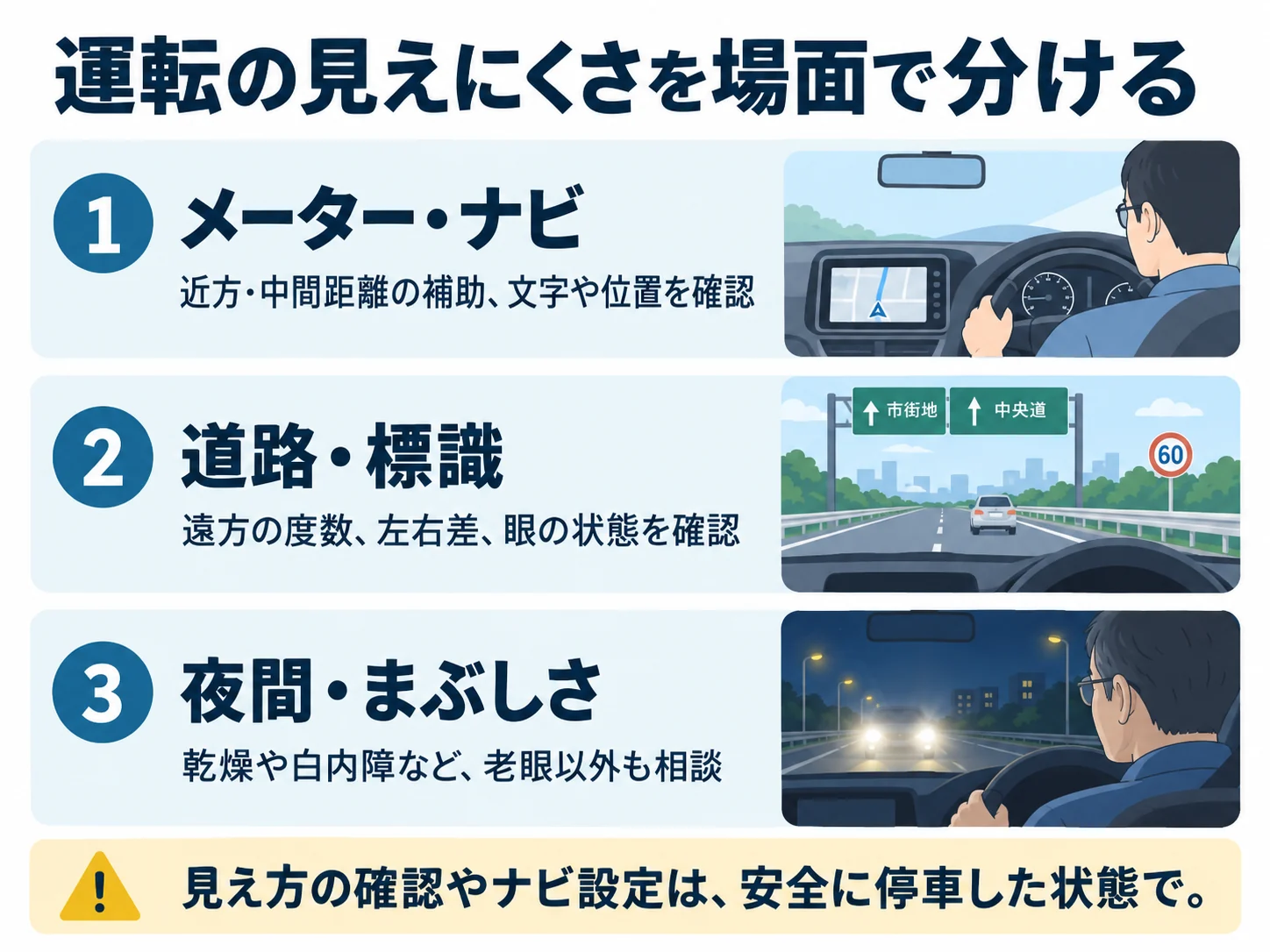 運転の見えにくさを場面で分ける。メーター・ナビ:近方・中間距離の補助、文字や位置を確認、道路・標識:遠方の度数、左右差、眼の状態を確認、夜間・まぶしさ:乾燥や白内障など、老眼以外も相談