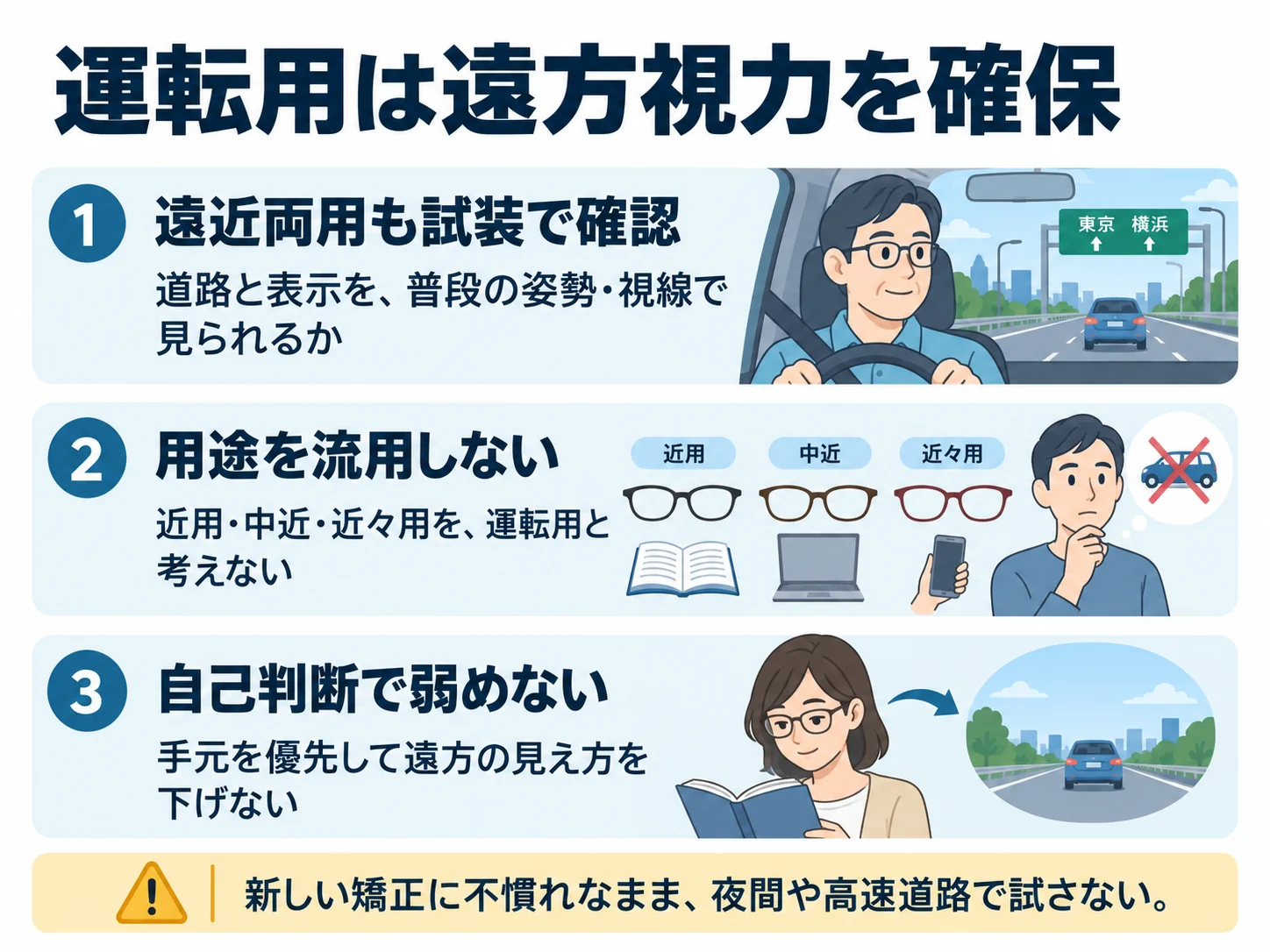 運転用は遠方視力を確保。遠近両用も試装で確認:道路と表示を、普段の姿勢・視線で見られるか、用途を流用しない:近用・中近・近々用を、運転用と考えない、自己判断で弱めない:手元を優先して遠方の見え方を下げない