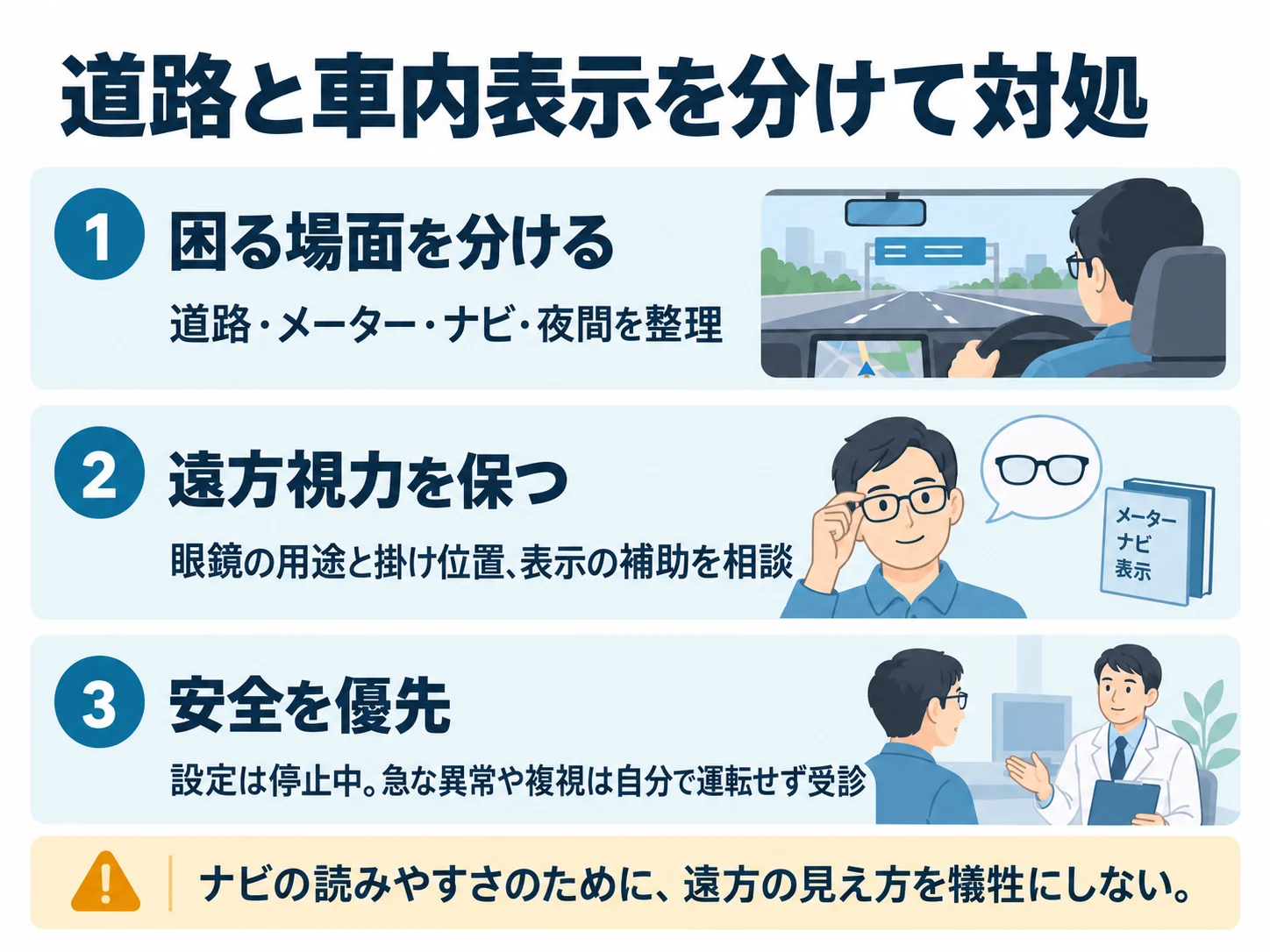 道路と車内表示を分けて対処。困る場面を分ける:道路・メーター・ナビ・夜間を整理、遠方視力を保つ:眼鏡の用途と掛け位置、表示の補助を相談、安全を優先:設定は停止中。急な異常や複視は自分で運転せず受診