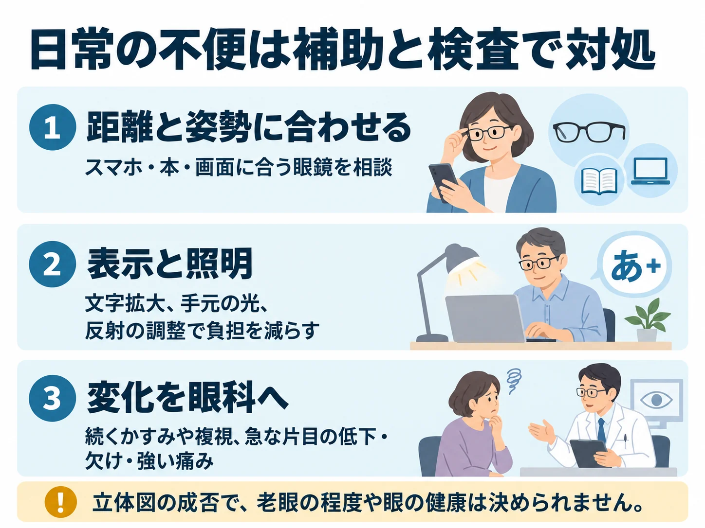 日常の不便は補助と検査で対処。距離と姿勢に合わせる：スマホ・本・画面に合う眼鏡を相談、表示と照明：文字拡大、手元の光、反射の調整で負担を減らす、変化を眼科へ：続くかすみや複視、急な片目の低下・欠け・強い痛み