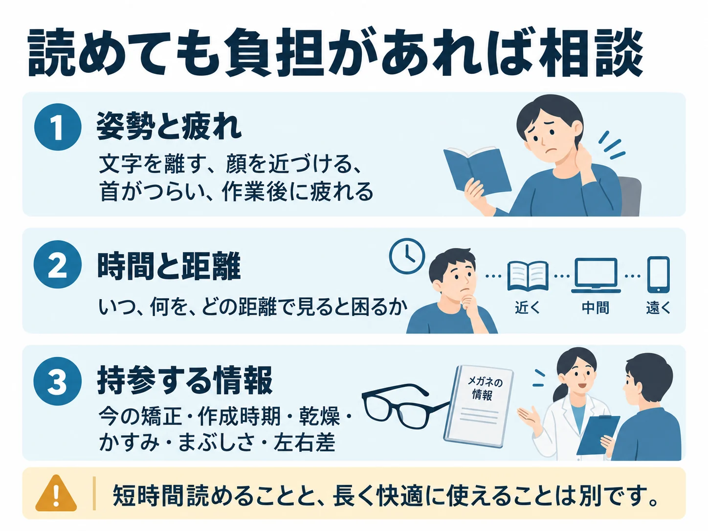 読めても負担があれば相談。姿勢と疲れ：文字を離す、顔を近づける、首がつらい、作業後に疲れる、時間と距離：いつ、何を、どの距離で見ると困るか、持参する情報：今の矯正・作成時期・乾燥・かすみ・まぶしさ・左右差
