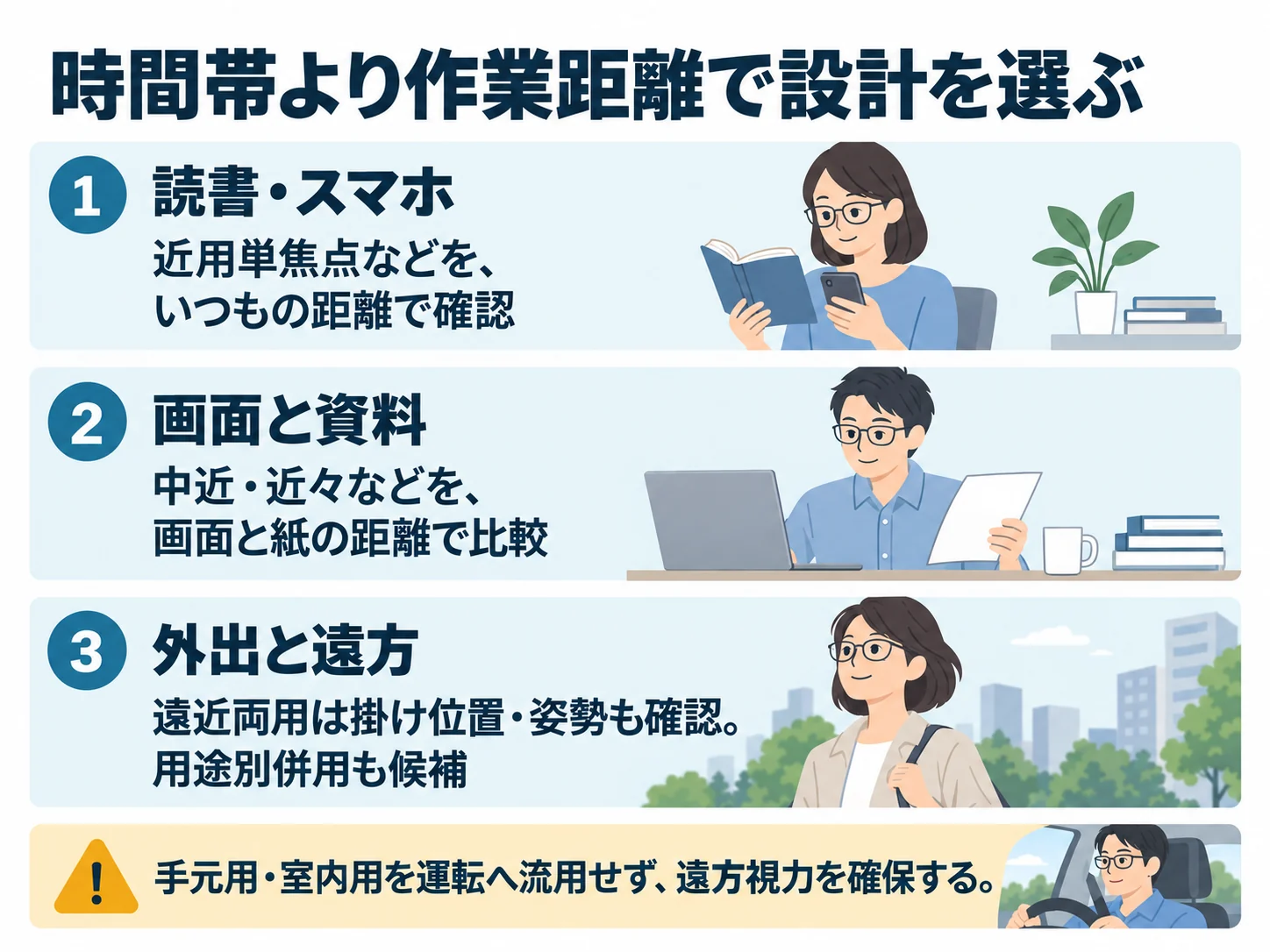 時間帯より作業距離で設計を選ぶ。読書・スマホ：近用単焦点などを、いつもの距離で確認、画面と資料：中近・近々などを、画面と紙の距離で比較、外出と遠方：遠近両用は掛け位置・姿勢も確認。用途別併用も候補