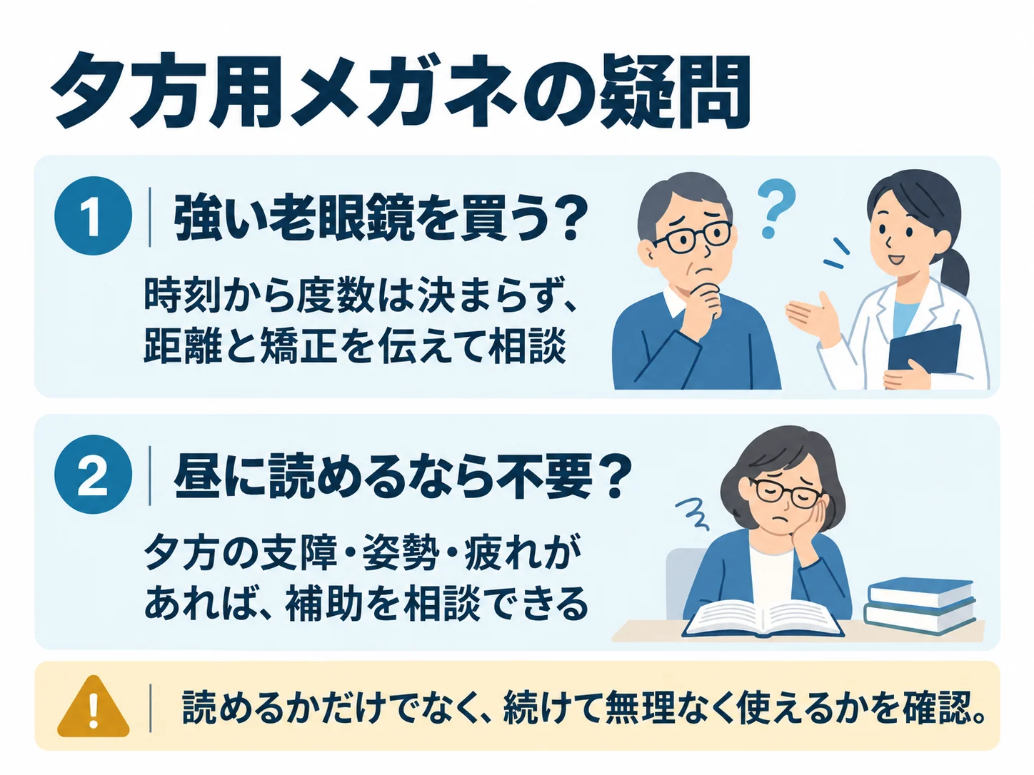 夕方用メガネの疑問。強い老眼鏡を買う？：時刻から度数は決まらず、距離と矯正を伝えて相談、昼に読めるなら不要？：夕方の支障・姿勢・疲れがあれば、補助を相談できる