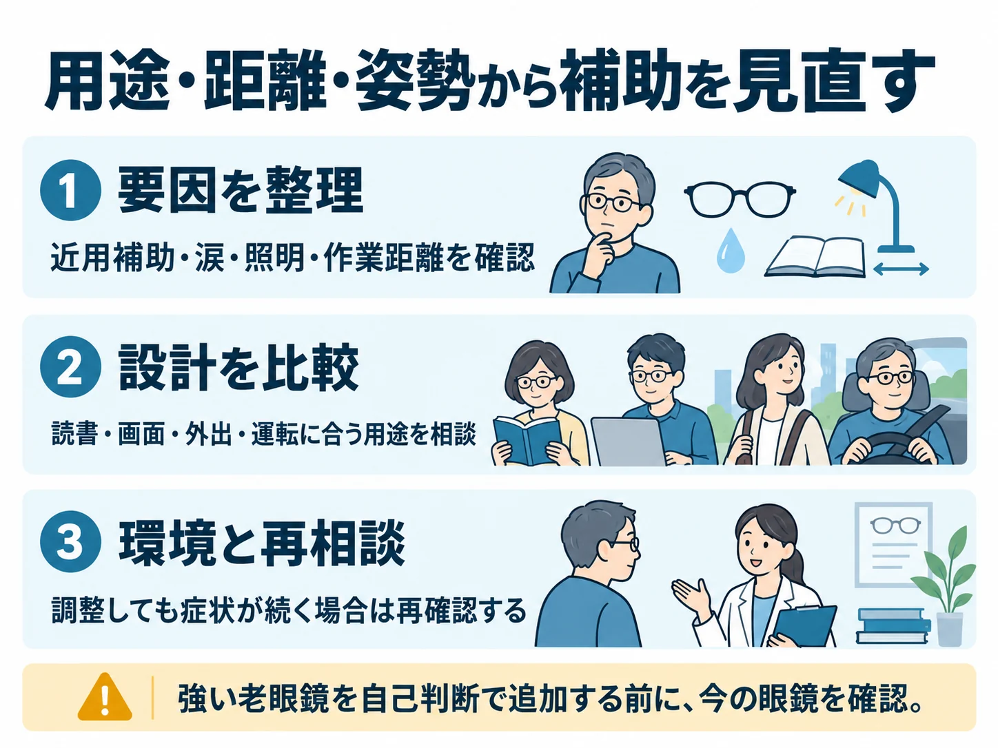 用途・距離・姿勢から補助を見直す。要因を整理：近用補助・涙・照明・作業距離を確認、設計を比較：読書・画面・外出・運転に合う用途を相談、環境と再相談：調整しても症状が続く場合は再確認する