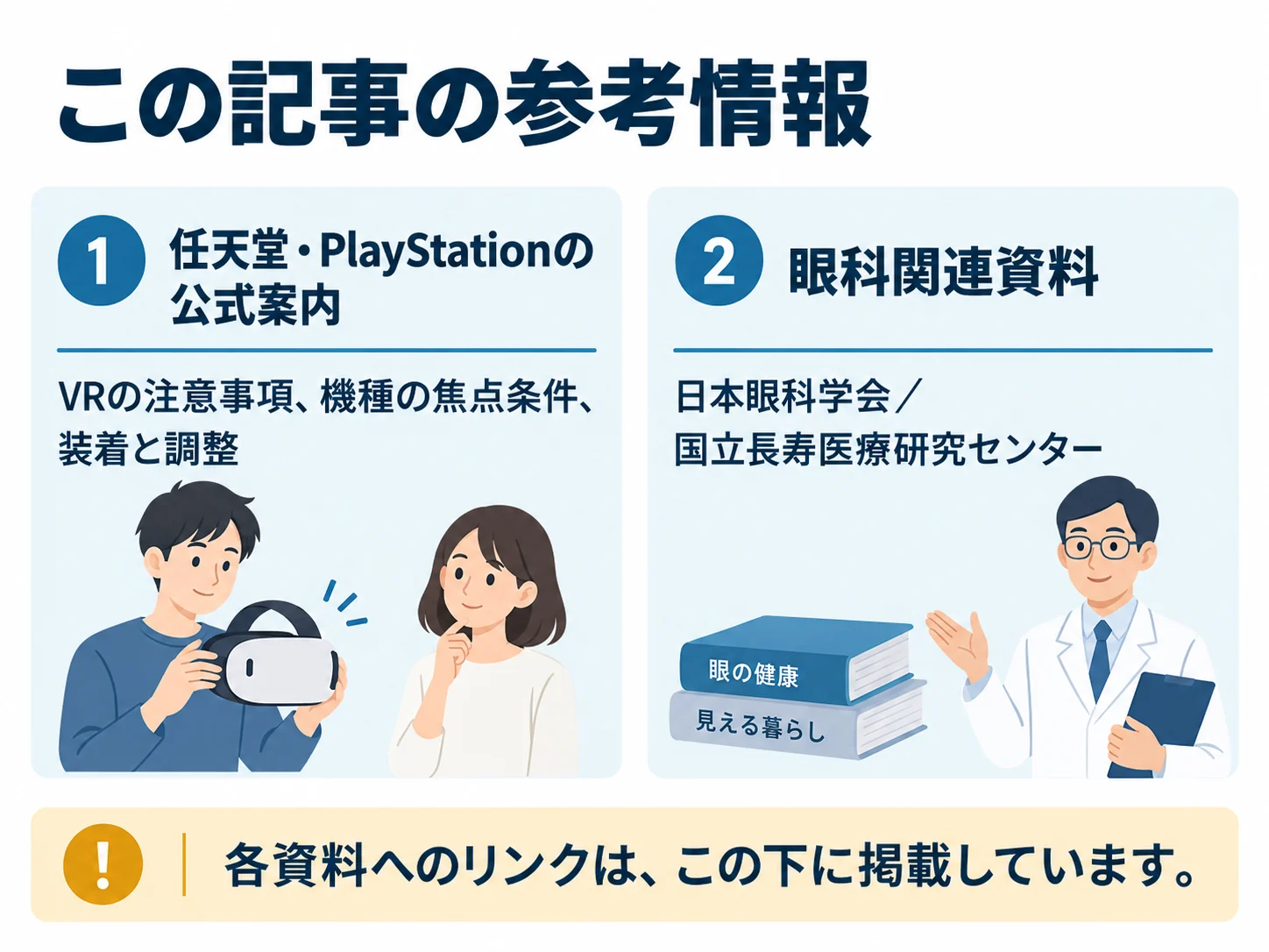 この記事の参考情報。任天堂・PlayStationの公式案内：VRの注意事項、機種の焦点条件、装着と調整、眼科関連資料：日本眼科学会／国立長寿医療研究センター