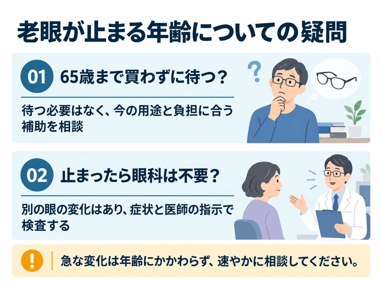 老眼が止まる年齢についての疑問。65歳まで買わずに待つ？：待つ必要はなく、今の用途と負担に合う補助を相談、止まったら眼科は不要？：別の眼の変化はあり、症状と医師の指示で検査する