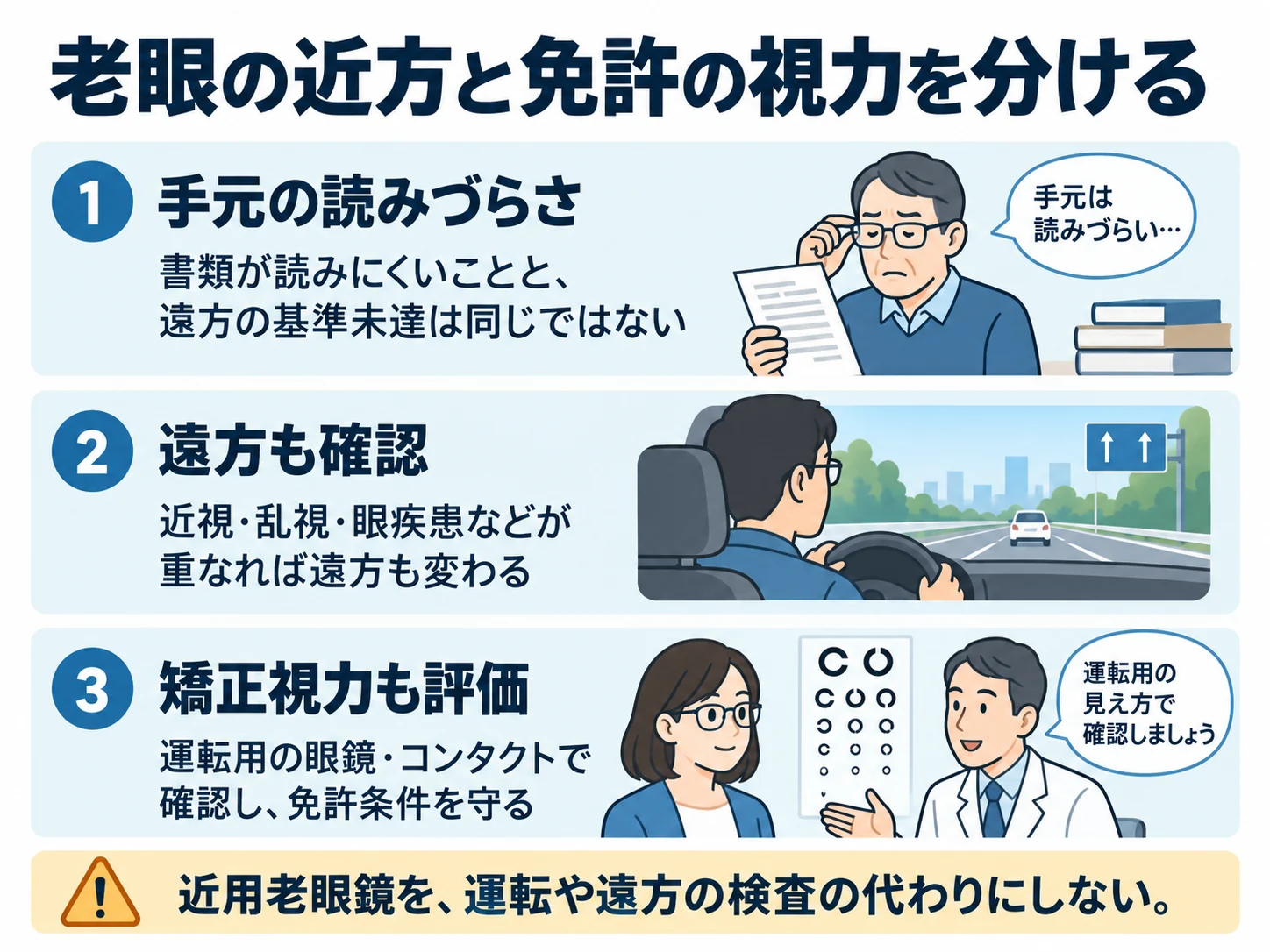 老眼の近方と免許の視力を分ける。手元の読みづらさ：書類が読みにくいことと、遠方の基準未達は同じではない、遠方も確認：近視・乱視・眼疾患などが重なれば遠方も変わる、矯正視力も評価：運転用の眼鏡・コンタクトで確認し、免許条件を守る