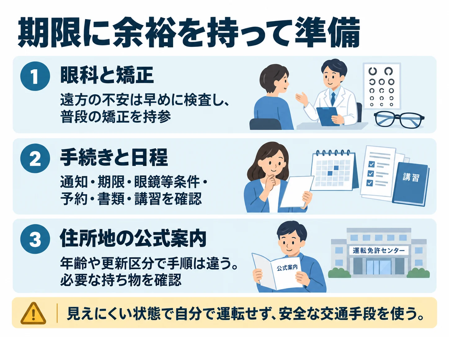 期限に余裕を持って準備。眼科と矯正：遠方の不安は早めに検査し、普段の矯正を持参、手続きと日程：通知・期限・眼鏡等条件・予約・書類・講習を確認、住所地の公式案内：年齢や更新区分で手順は違う。必要な持ち物を確認