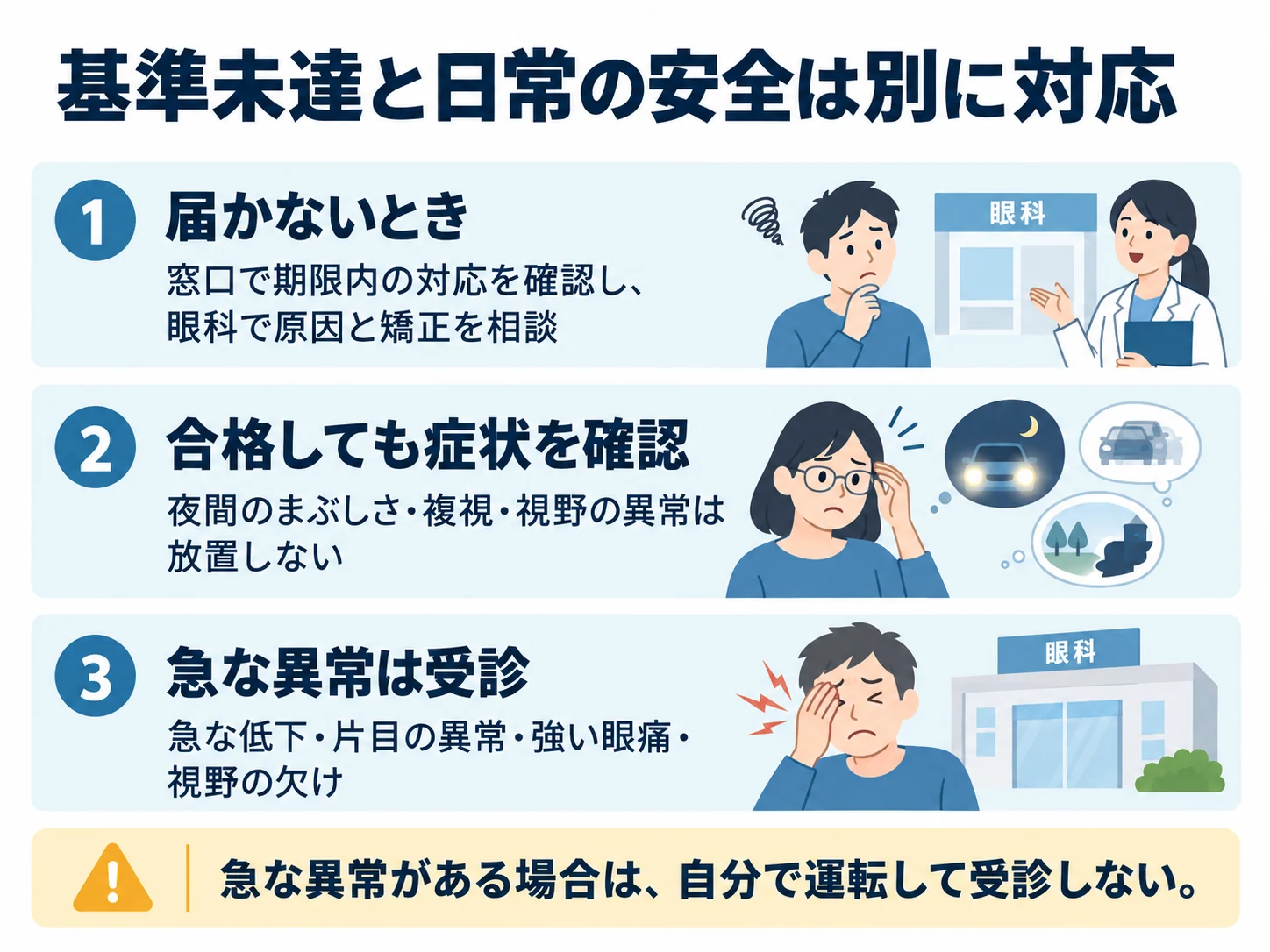 基準未達と日常の安全は別に対応。届かないとき：窓口で期限内の対応を確認し、眼科で原因と矯正を相談、合格しても症状を確認：夜間のまぶしさ・複視・視野の異常は放置しない、急な異常は受診：急な低下・片目の異常・強い眼痛・視野の欠け