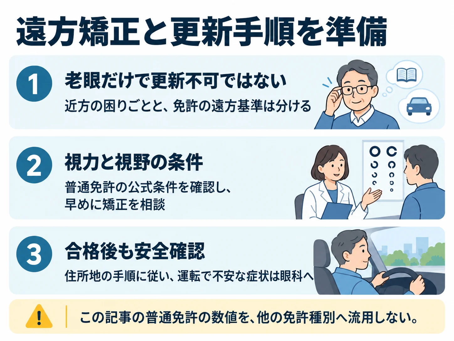 遠方矯正と更新手順を準備。老眼だけで更新不可ではない：近方の困りごとと、免許の遠方基準は分ける、視力と視野の条件：普通免許の公式条件を確認し、早めに矯正を相談、合格後も安全確認：住所地の手順に従い、運転で不安な症状は眼科へ