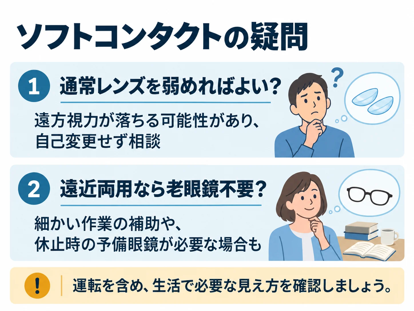 ソフトコンタクトの疑問。通常レンズを弱めればよい？：遠方視力が落ちる可能性があり、自己変更せず相談、遠近両用なら老眼鏡不要？：細かい作業の補助や、休止時の予備眼鏡が必要な場合も