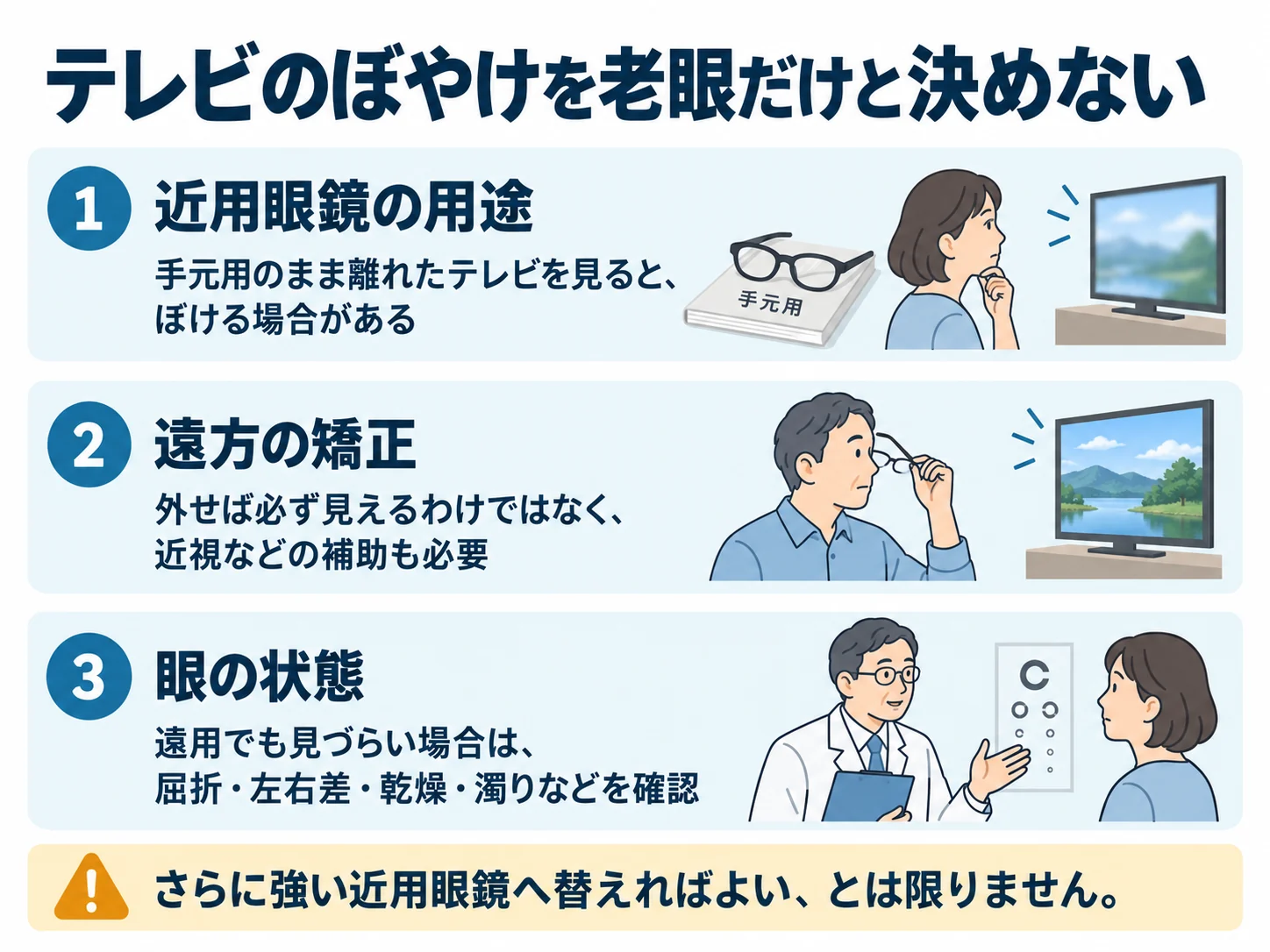 テレビのぼやけを老眼だけと決めない。近用眼鏡の用途：手元用のまま離れたテレビを見ると、ぼける場合がある、遠方の矯正：外せば必ず見えるわけではなく、近視などの補助も必要、眼の状態：遠用でも見づらい場合は、屈折・左右差・乾燥・濁りなどを確認