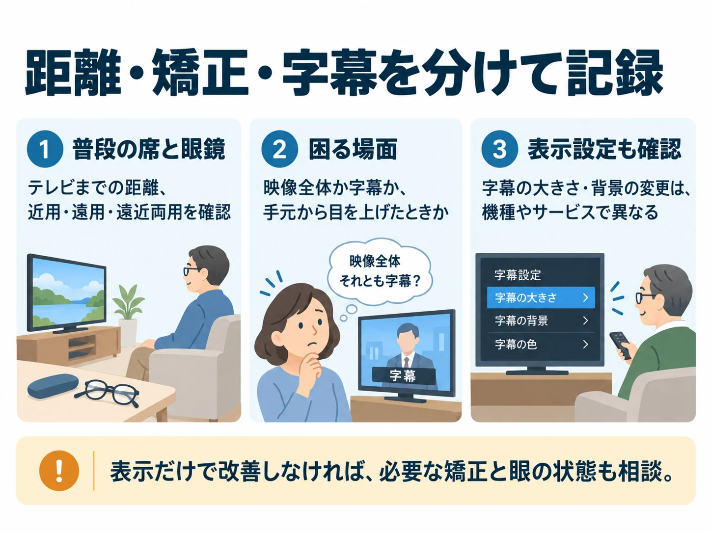 距離・矯正・字幕を分けて記録。普段の席と眼鏡：テレビまでの距離、近用・遠用・遠近両用を確認、困る場面：映像全体か字幕か、手元から目を上げたときか、表示設定も確認：字幕の大きさ・背景の変更は、機種やサービスで異なる