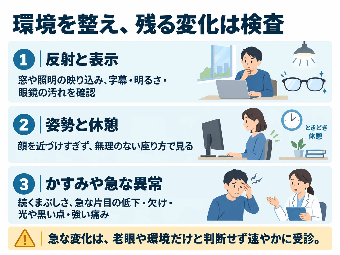 環境を整え、残る変化は検査。反射と表示：窓や照明の映り込み、字幕・明るさ・眼鏡の汚れを確認、姿勢と休憩：顔を近づけすぎず、無理のない座り方で見る、かすみや急な異常：続くまぶしさ、急な片目の低下・欠け・光や黒い点・強い痛み