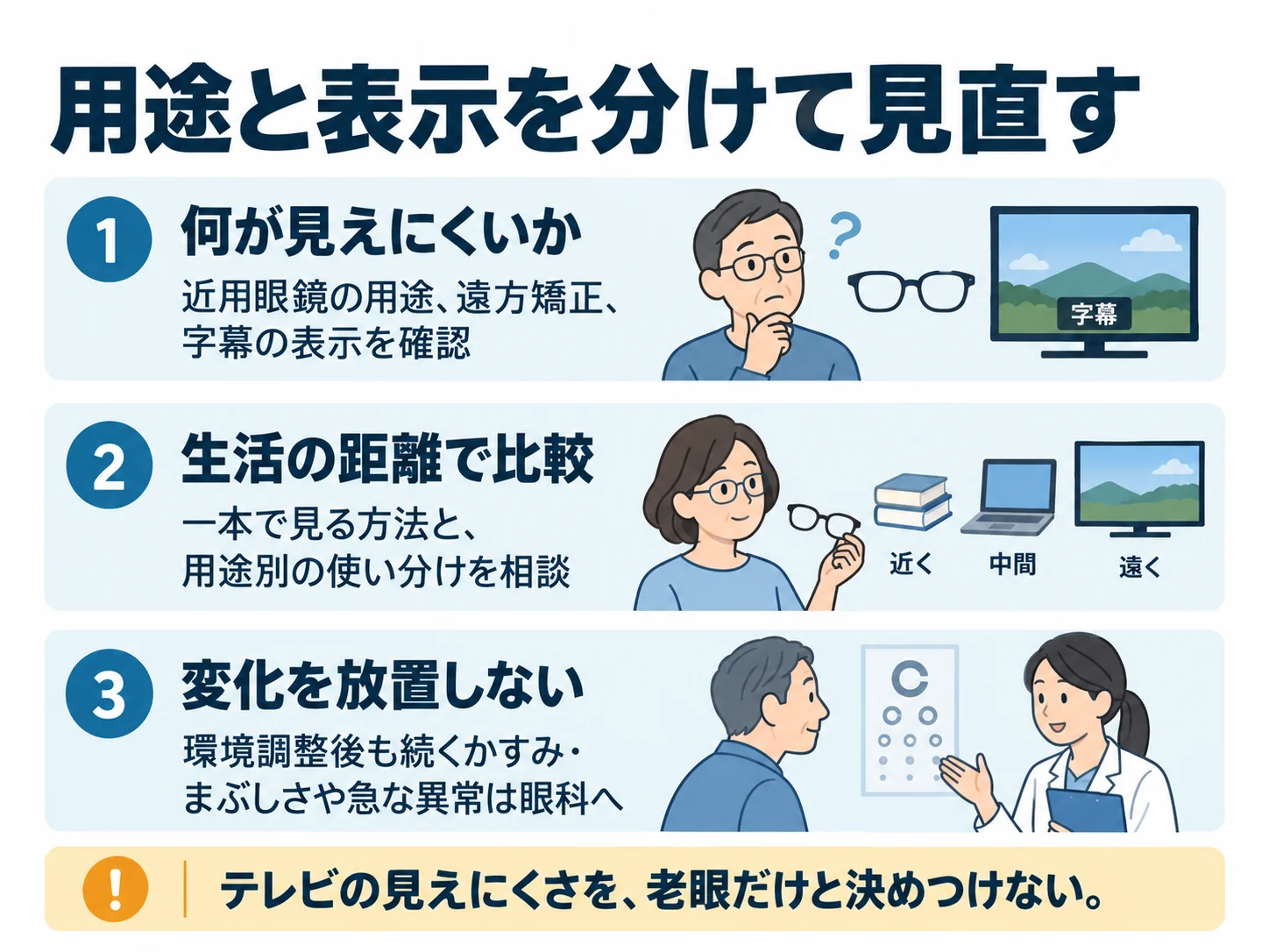用途と表示を分けて見直す。何が見えにくいか：近用眼鏡の用途、遠方矯正、字幕の表示を確認、生活の距離で比較：一本で見る方法と、用途別の使い分けを相談、変化を放置しない：環境調整後も続くかすみ・まぶしさや急な異常は眼科へ
