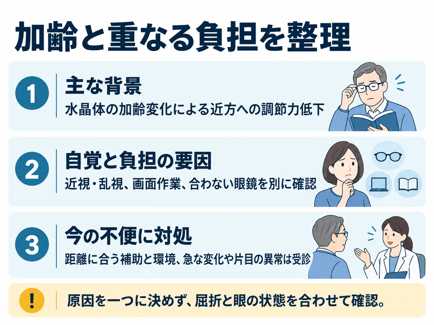 加齢と重なる負担を整理。主な背景：水晶体の加齢変化による近方への調節力低下、自覚と負担の要因：近視・乱視、画面作業、合わない眼鏡を別に確認、今の不便に対処：距離に合う補助と環境、急な変化や片目の異常は受診