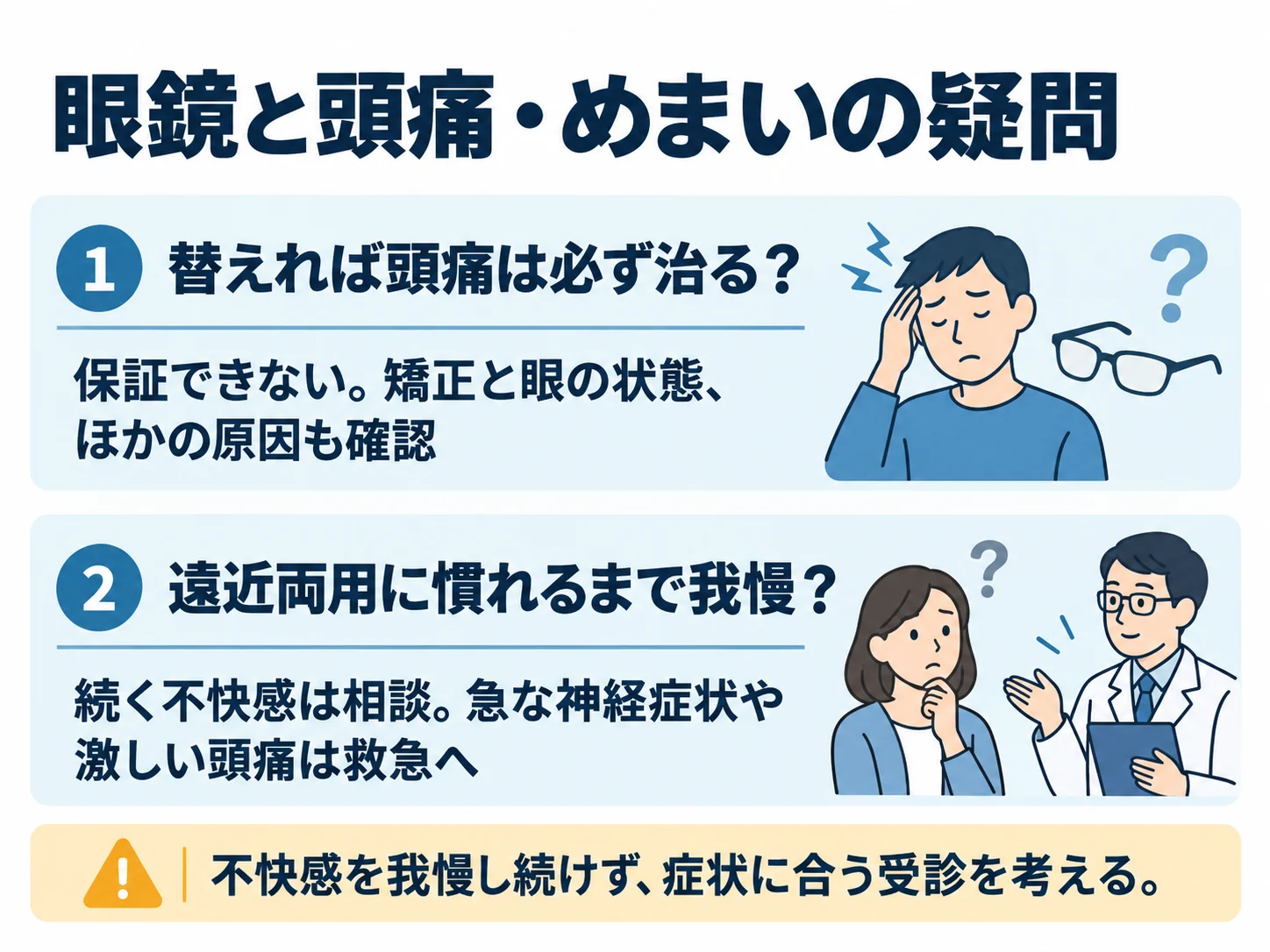 眼鏡と頭痛・めまいの疑問。替えれば頭痛は必ず治る？：保証できない。矯正と眼の状態、ほかの原因も確認、遠近両用に慣れるまで我慢？：続く不快感は相談。急な神経症状や激しい頭痛は救急へ