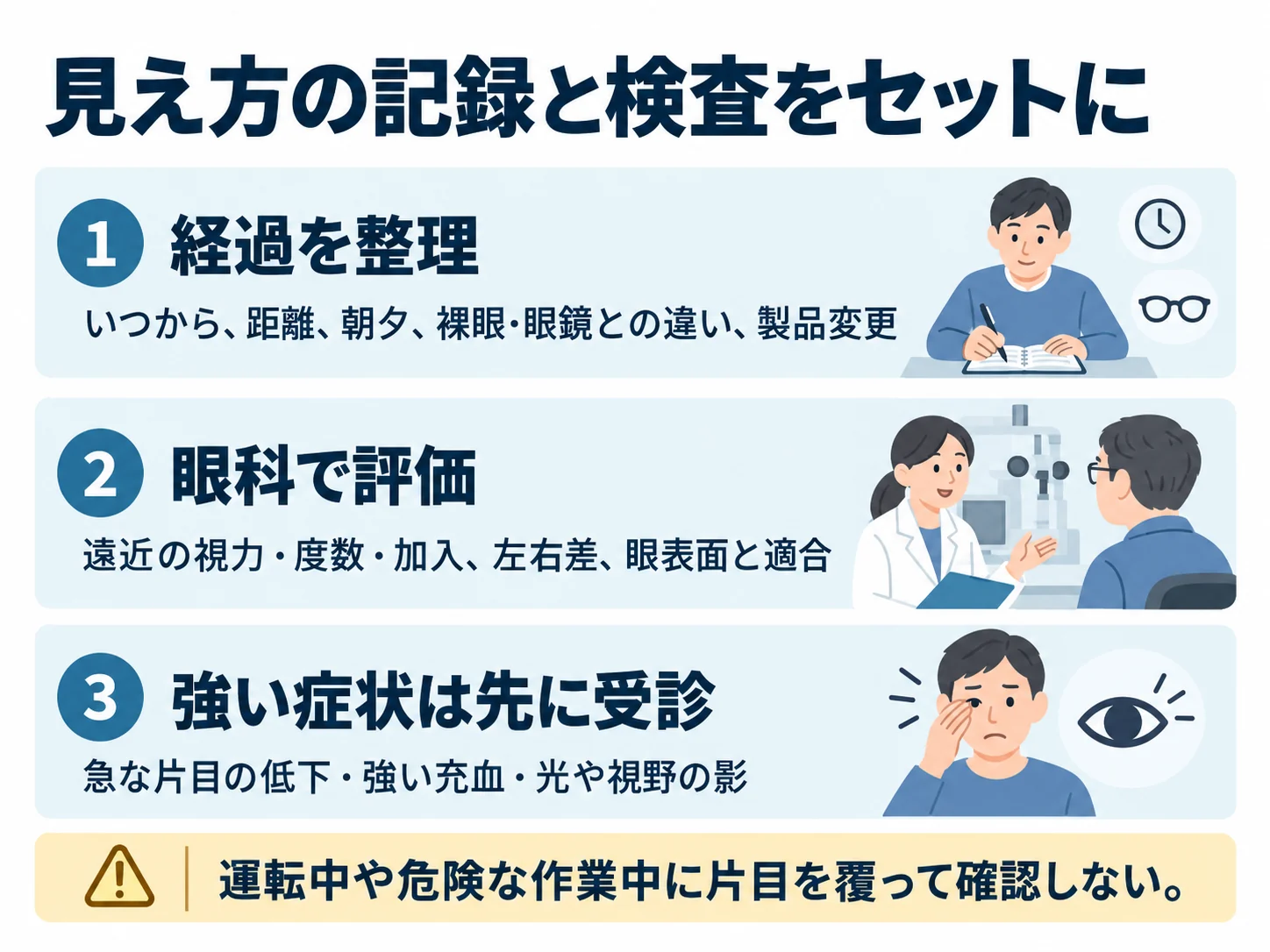 見え方の記録と検査をセットに。経過を整理:いつから、距離、朝夕、裸眼・眼鏡との違い、製品変更、眼科で評価:遠近の視力・度数・加入、左右差、眼表面と適合、強い症状は先に受診:急な片目の低下・強い充血・光や視野の影