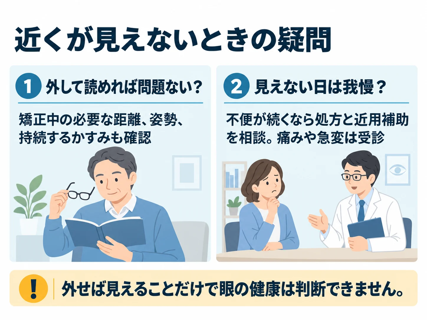 近くが見えないときの疑問。外して読めれば問題ない?:矯正中の必要な距離、姿勢、持続するかすみも確認、見えない日は我慢?:不便が続くなら処方と近用補助を相談。痛みや急変は受診