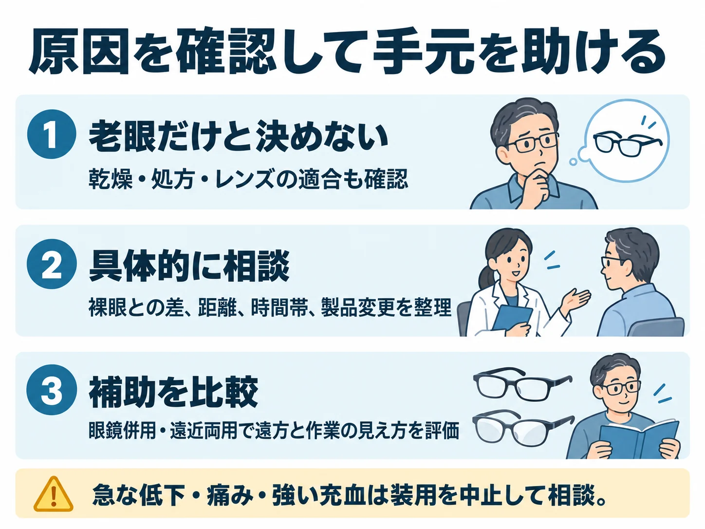 原因を確認して手元を助ける。老眼だけと決めない:乾燥・処方・レンズの適合も確認、具体的に相談:裸眼との差、距離、時間帯、製品変更を整理、補助を比較:眼鏡併用・遠近両用で遠方と作業の見え方を評価