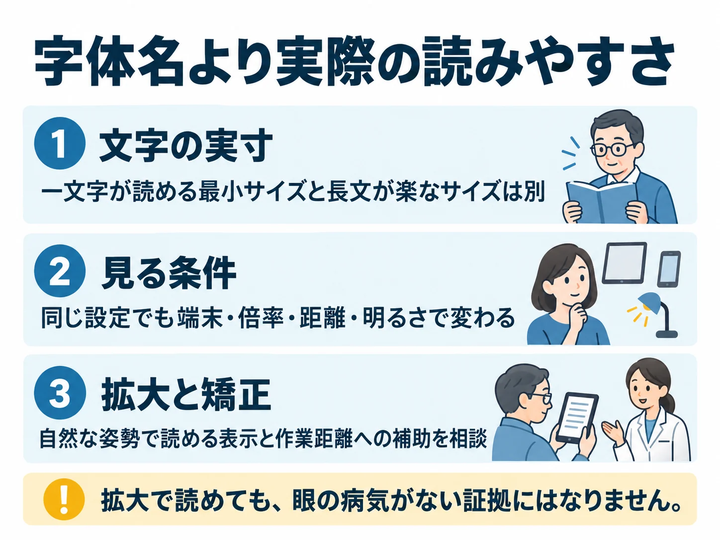 字体名より実際の読みやすさ。文字の実寸：一文字が読める最小サイズと長文が楽なサイズは別、見る条件：同じ設定でも端末・倍率・距離・明るさで変わる、拡大と矯正：自然な姿勢で読める表示と作業距離への補助を相談