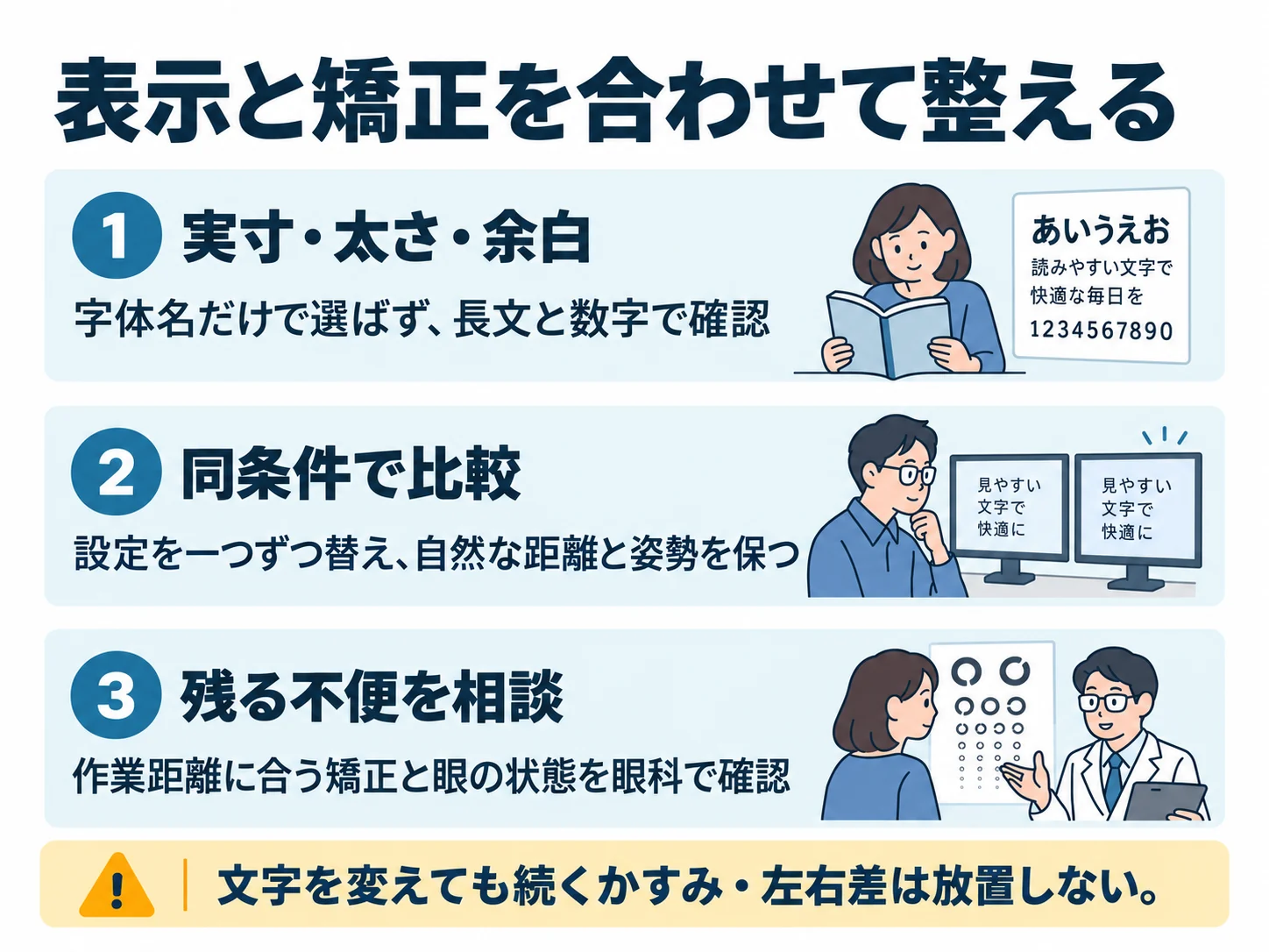 表示と矯正を合わせて整える。実寸・太さ・余白：字体名だけで選ばず、長文と数字で確認、同条件で比較：設定を一つずつ替え、自然な距離と姿勢を保つ、残る不便を相談：作業距離に合う矯正と眼の状態を眼科で確認