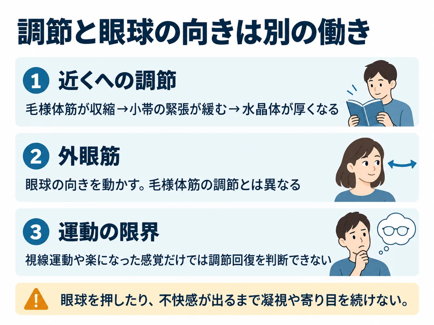 調節と眼球の向きは別の働き。近くへの調節：毛様体筋が収縮→小帯の緊張が緩む→水晶体が厚くなる、外眼筋：眼球の向きを動かす。毛様体筋の調節とは異なる、運動の限界：視線運動や楽になった感覚だけでは調節回復を判断できない