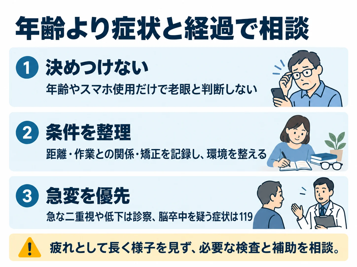 年齢より症状と経過で相談。決めつけない:年齢やスマホ使用だけで老眼と判断しない、条件を整理:距離・作業との関係・矯正を記録し、環境を整える、急変を優先:急な二重視や低下は診察、脳卒中を疑う症状は119