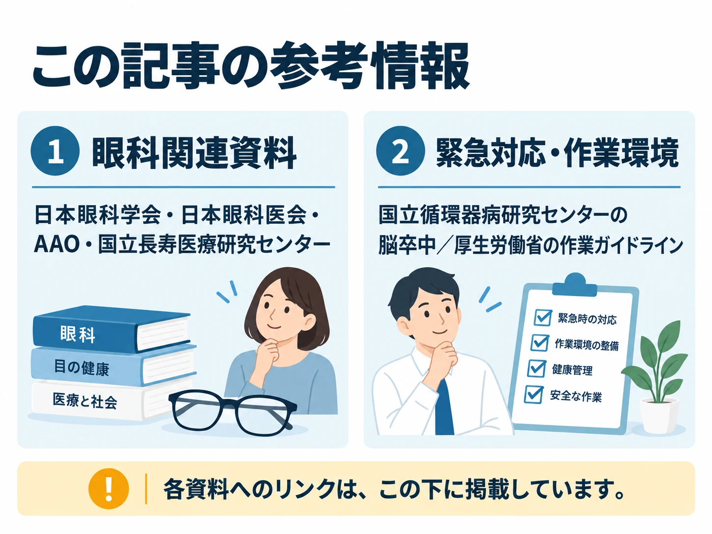 この記事の参考情報。眼科関連資料:日本眼科学会・日本眼科医会・AAO・国立長寿医療研究センター、緊急対応・作業環境:国立循環器病研究センターの脳卒中/厚生労働省の作業ガイドライン